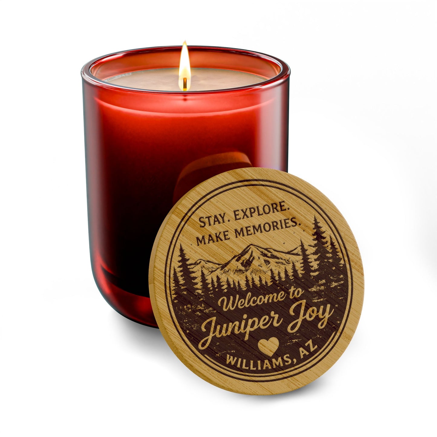 Engraved 14oz Soy Candle — "Stay, Explore, Make Memories" Welcome Candle (Custom Location)