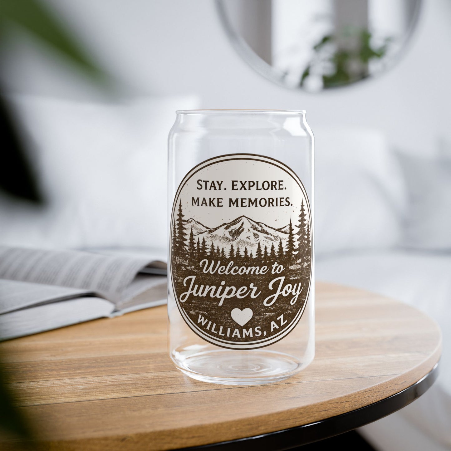 Adventure Mountain Sipper Glass — Personalized 16oz Travel Tumbler (Stay. Explore. Make Memories.)
