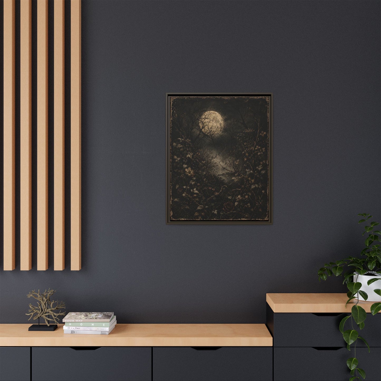 Framed Matte Canvas Art — Moonlit Forest Landscape