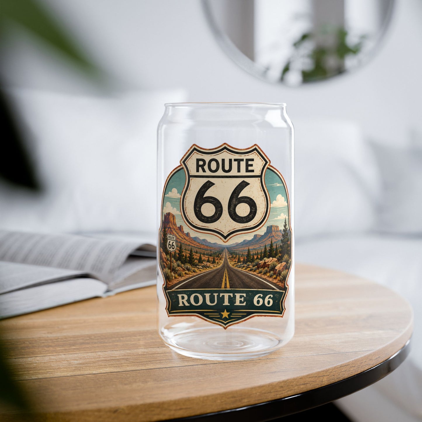 Route 66 Sipper Glass — 16 oz Travel Tumbler with Lid & Straw