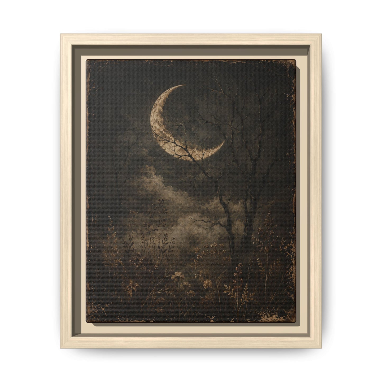 Framed Crescent Moon Canvas Print — Moody Night Landscape Wall Art