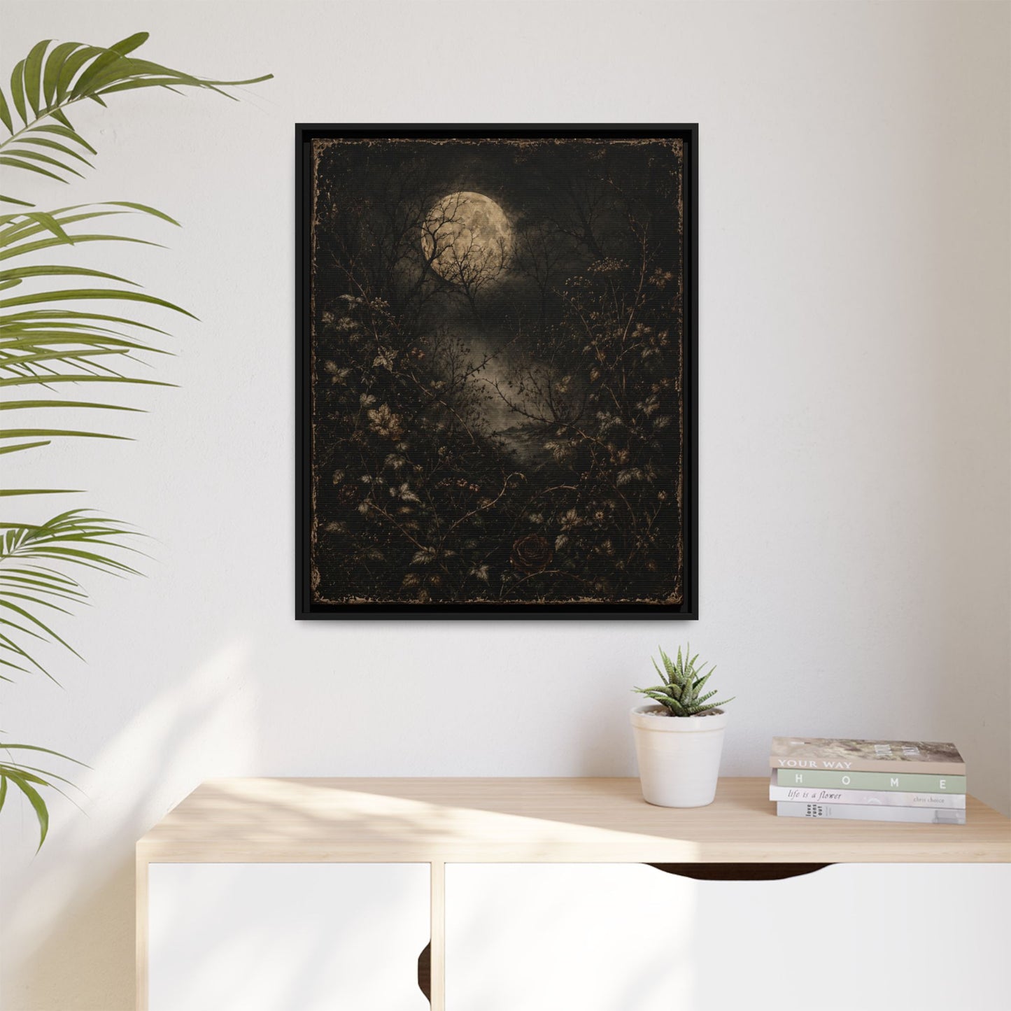 Framed Matte Canvas Art — Moonlit Forest Landscape