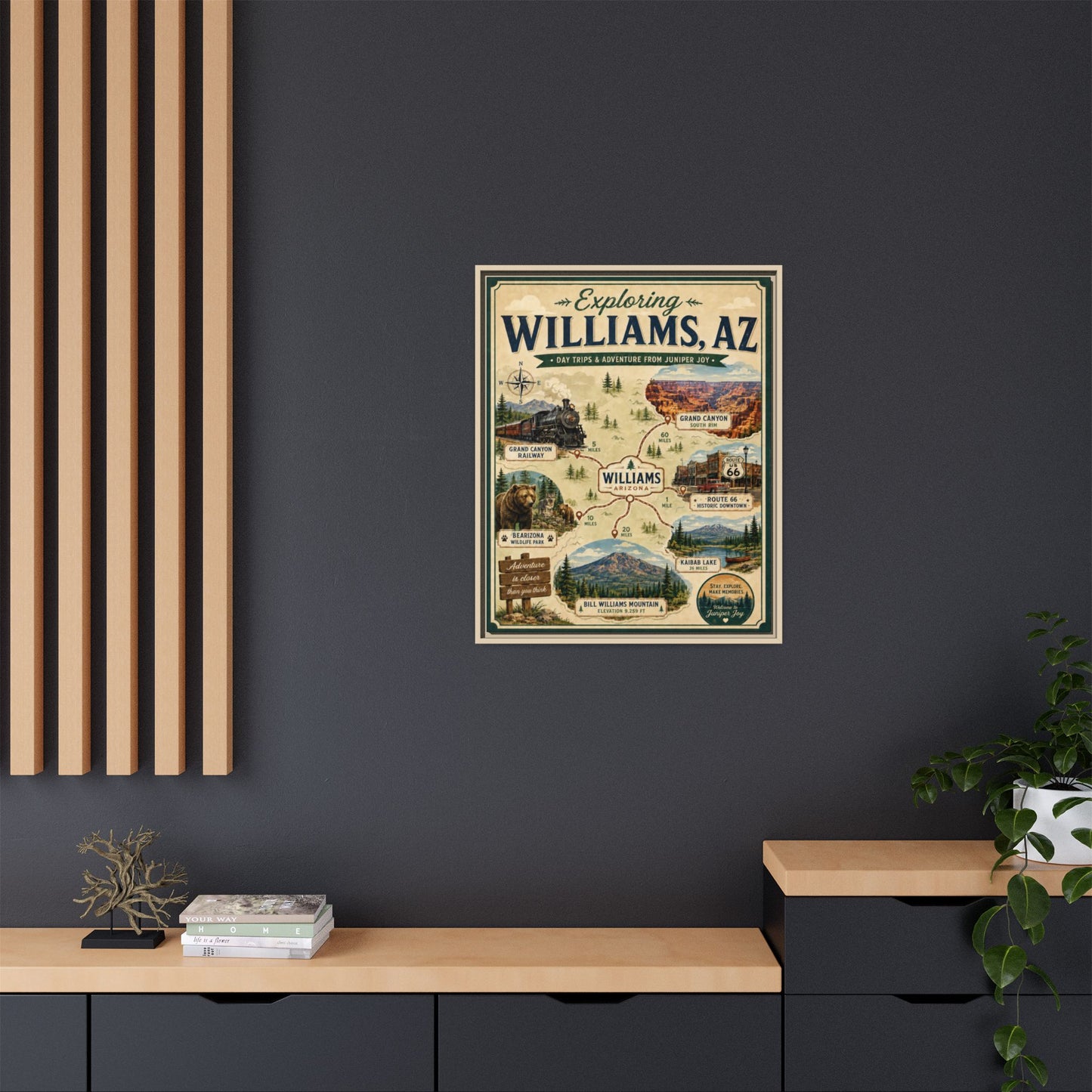 Williams, AZ Travel Map Framed Canvas — Vintage Exploring Poster