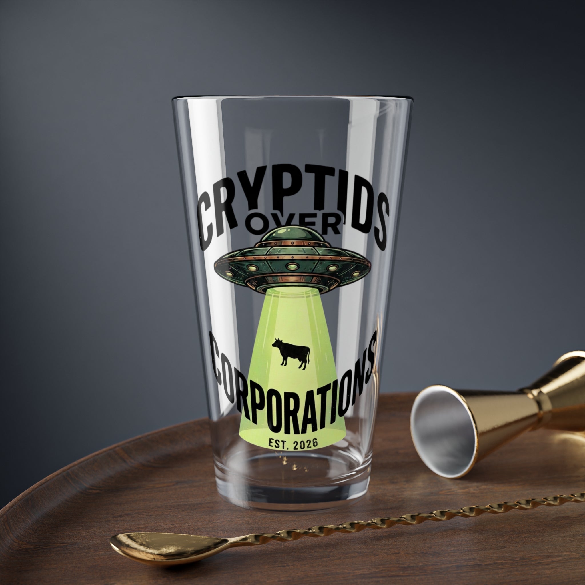 Cryptids Over Corporations Alien Pint Glass | UFO Beer Glass | Funny Alien Gift | Sci-Fi Bar Glass | Cow Abduction Glass | 16oz Beer Pint