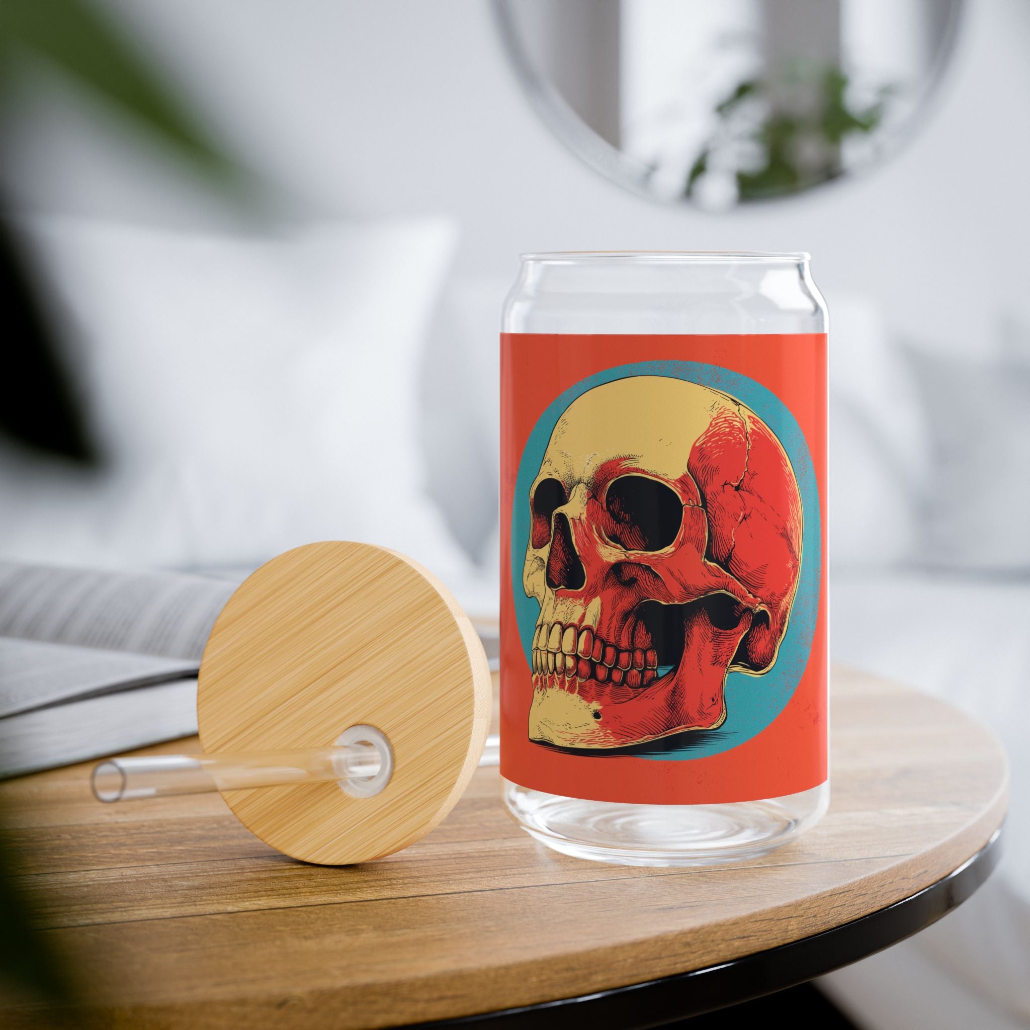 Retro Skull Sipper Glass | Vintage Gothic Skull Glass Can | 16oz Iced Coffee Cup with Bamboo Lid & Straw | Halloween Drinkware | Alt Gift