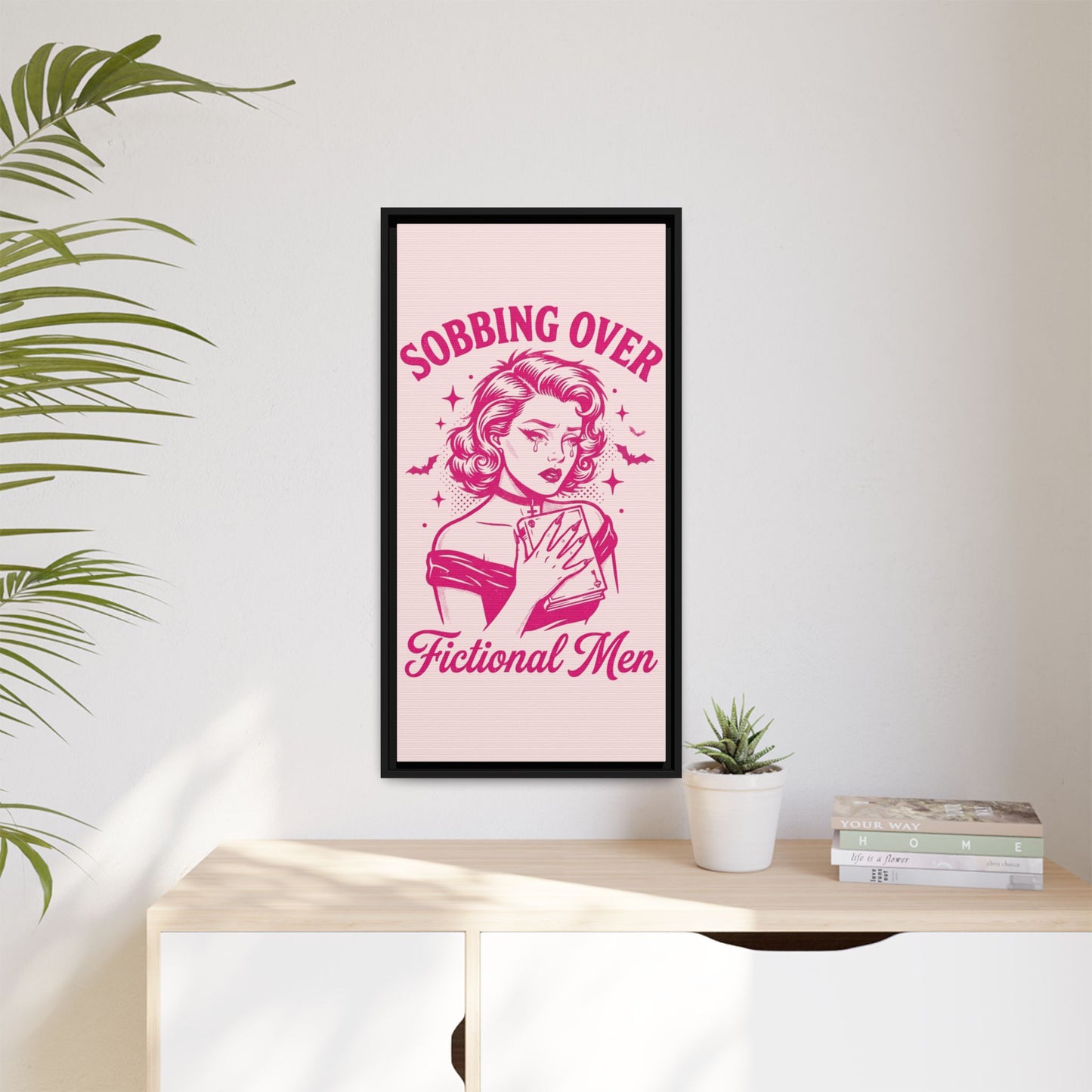 Framed Canvas Print — “Sobbing Over Fictional Men” Retro Pop Art