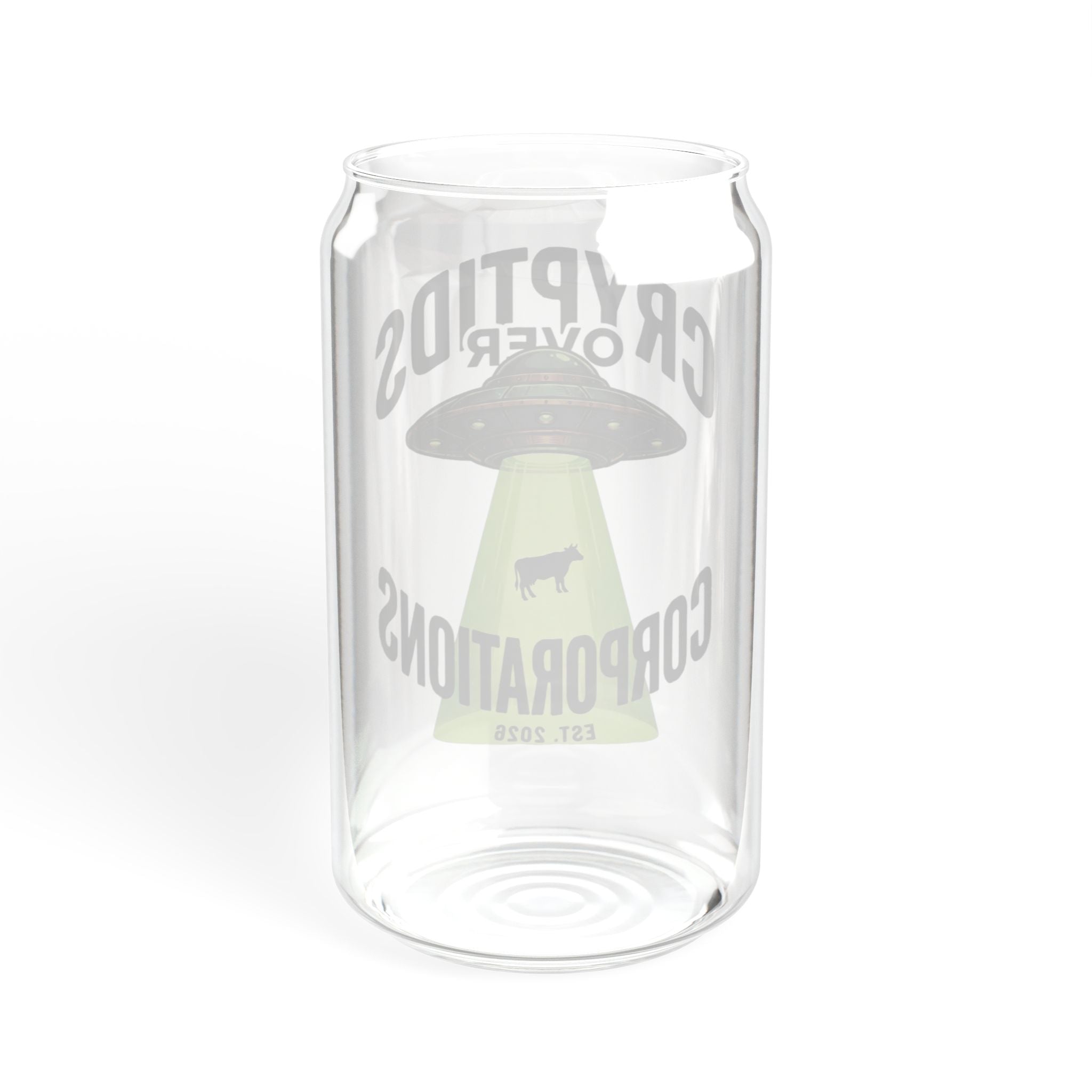 Cryptids Over Corporations Alien Glass Can | UFO Iced Coffee Cup with Bamboo Lid and Straw | Funny Alien Gift | Sci-Fi Drinkware