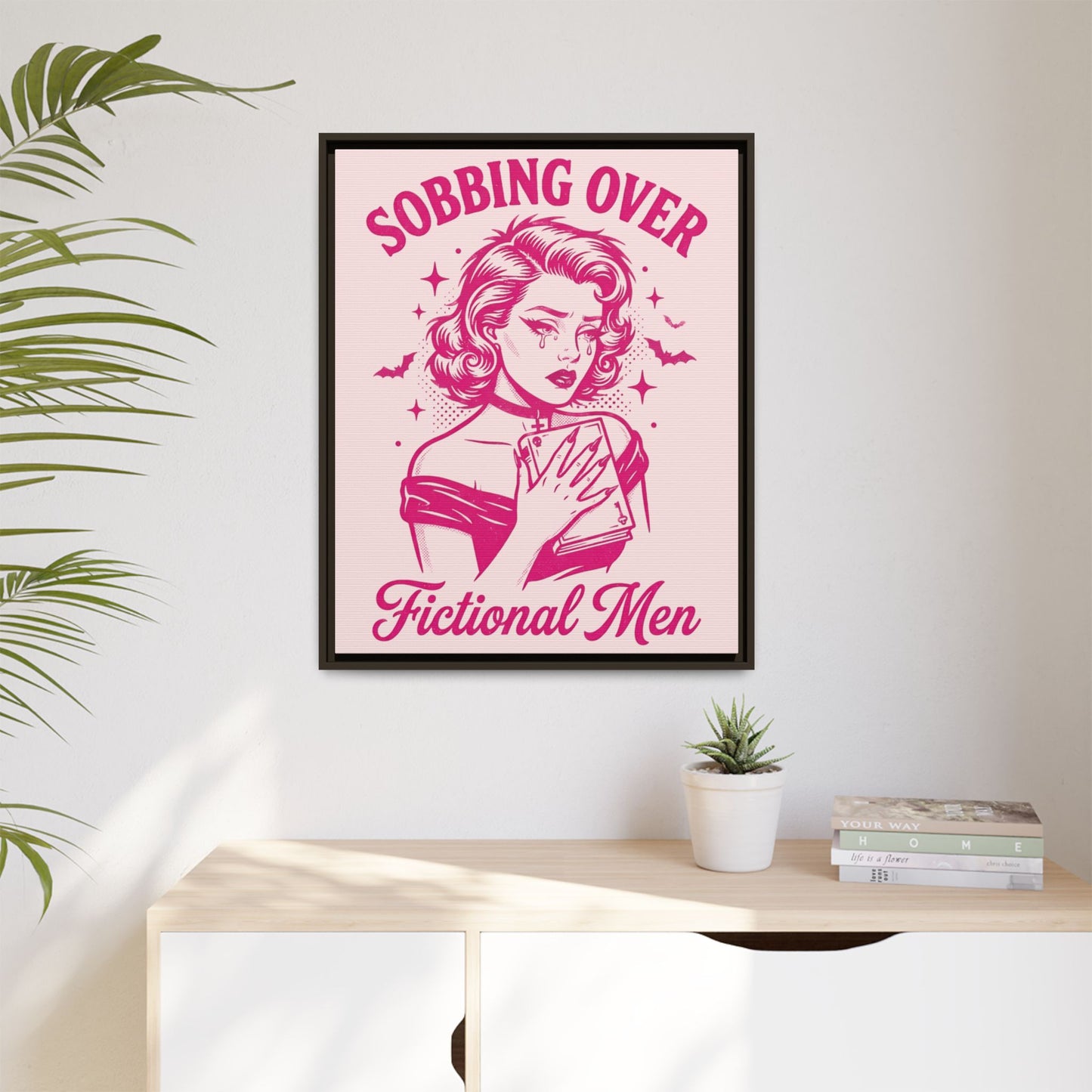 Framed Canvas Print — “Sobbing Over Fictional Men” Retro Pop Art