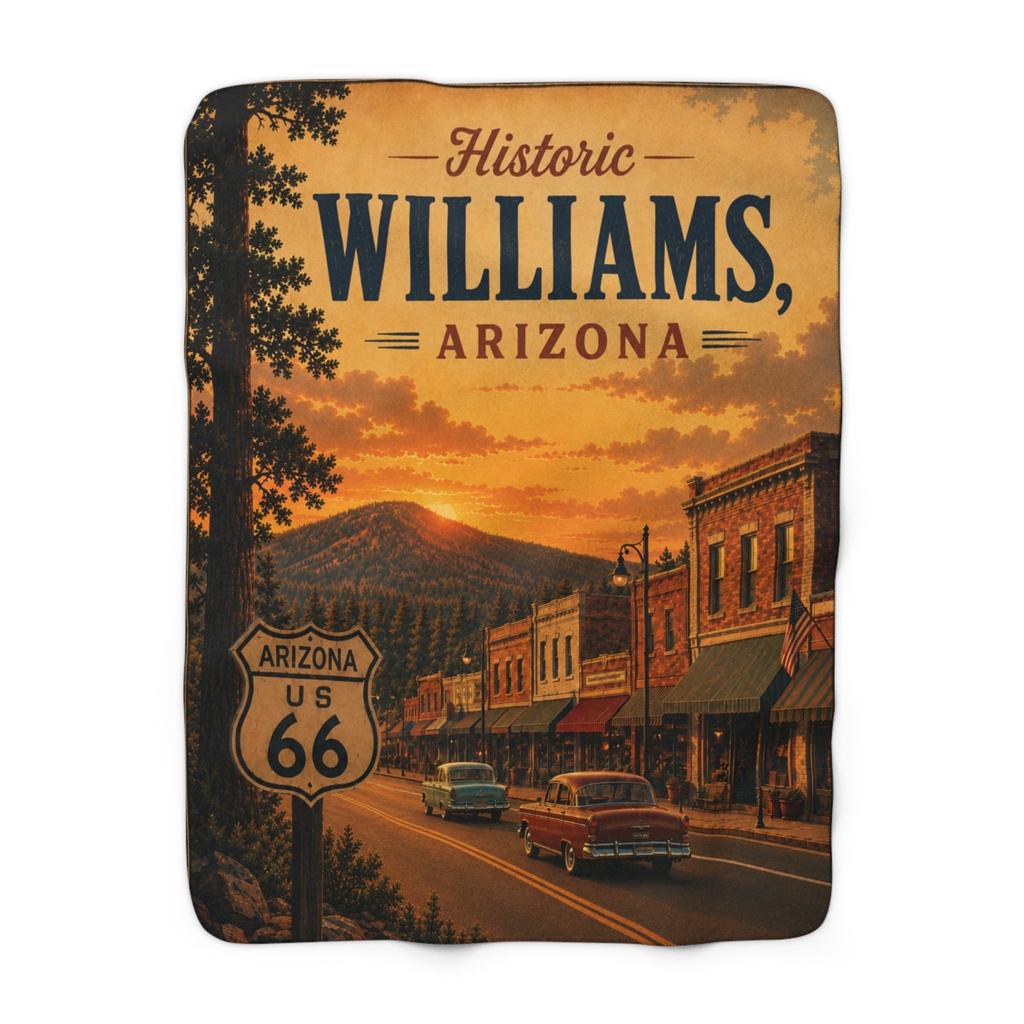 Sherpa Fleece Blanket — Historic Williams, Arizona Route 66 Sunset Throw