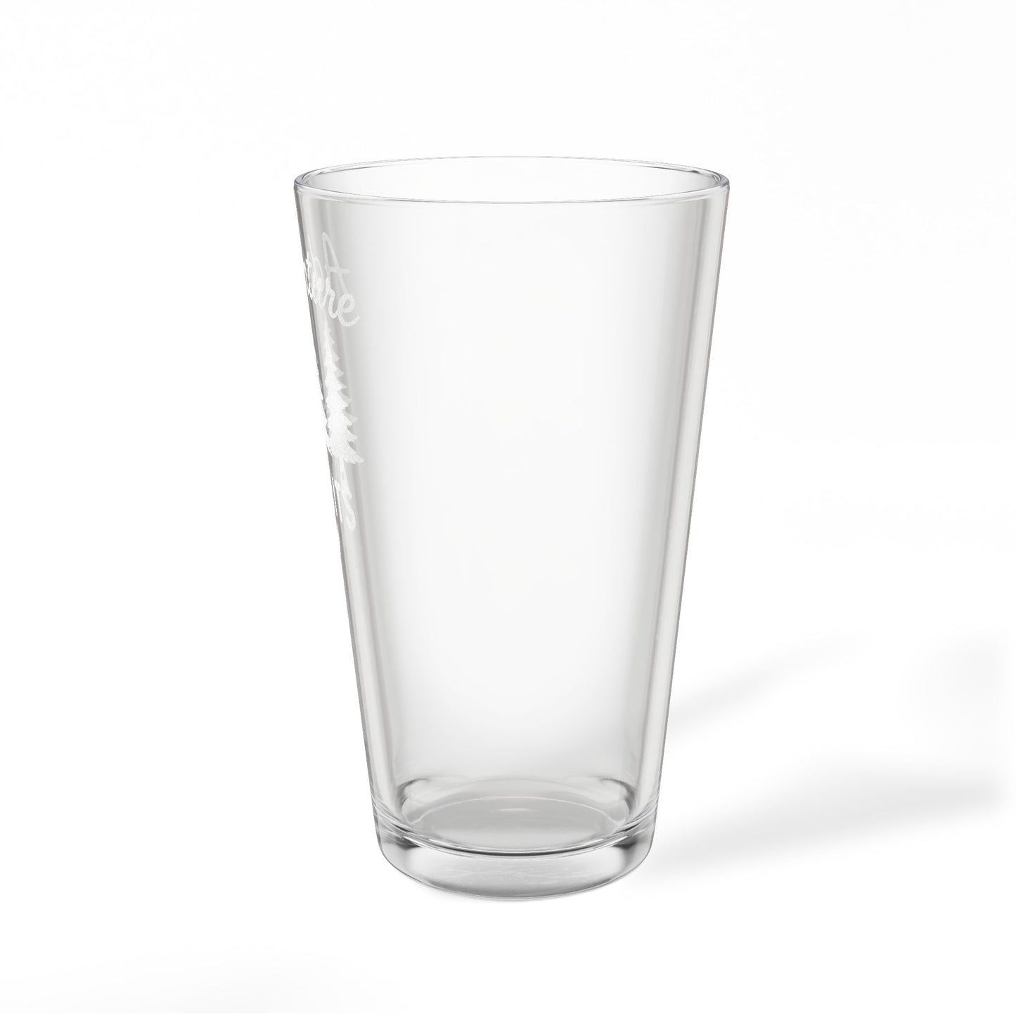 Adventure Awaits Engraved Pint Glass — 16oz Mixing Glass with Trees & Heart