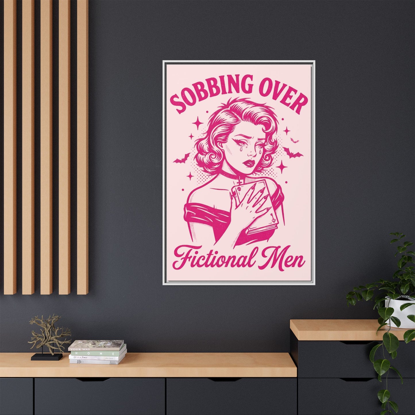 Framed Canvas Print — “Sobbing Over Fictional Men” Retro Pop Art