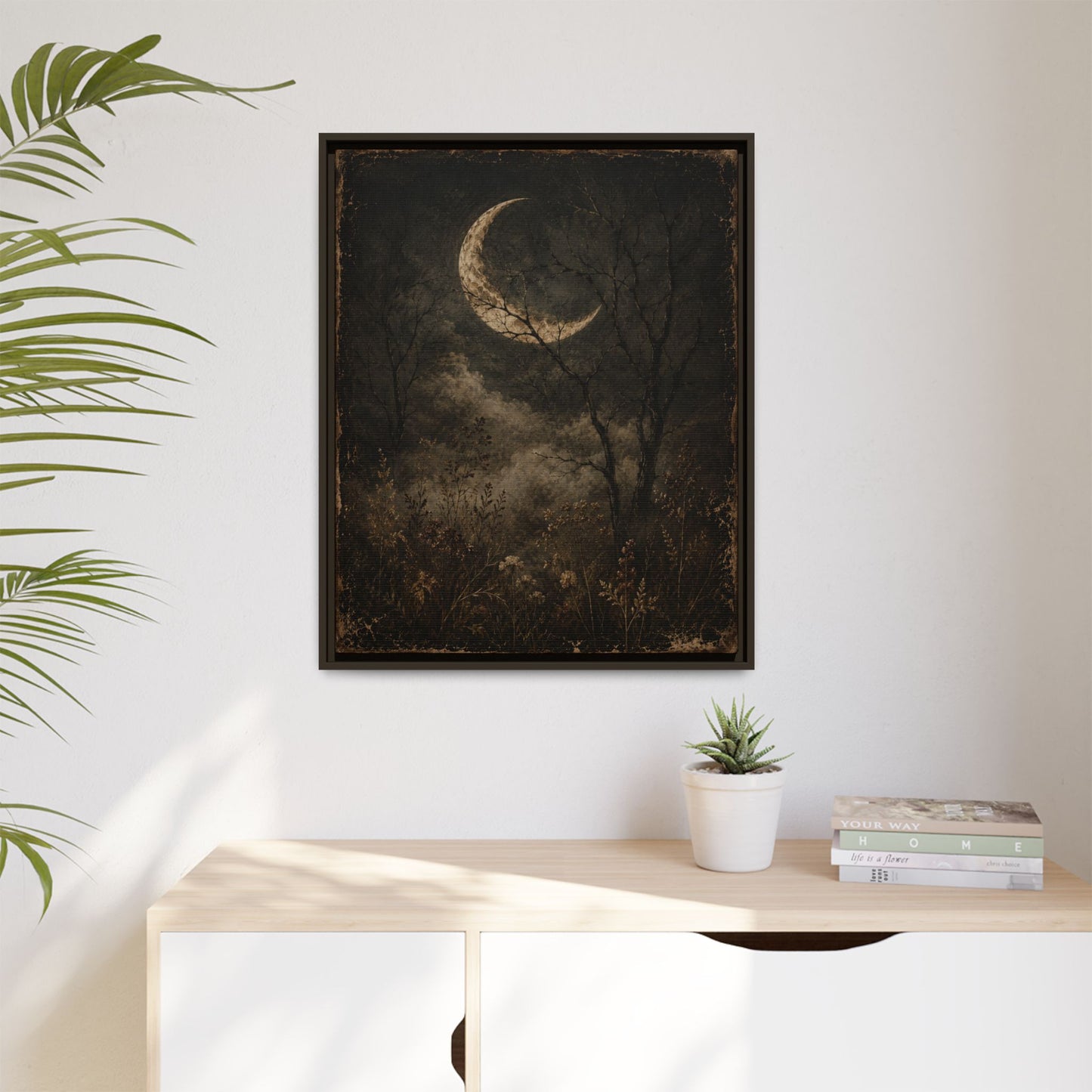 Framed Crescent Moon Canvas Print — Moody Night Landscape Wall Art
