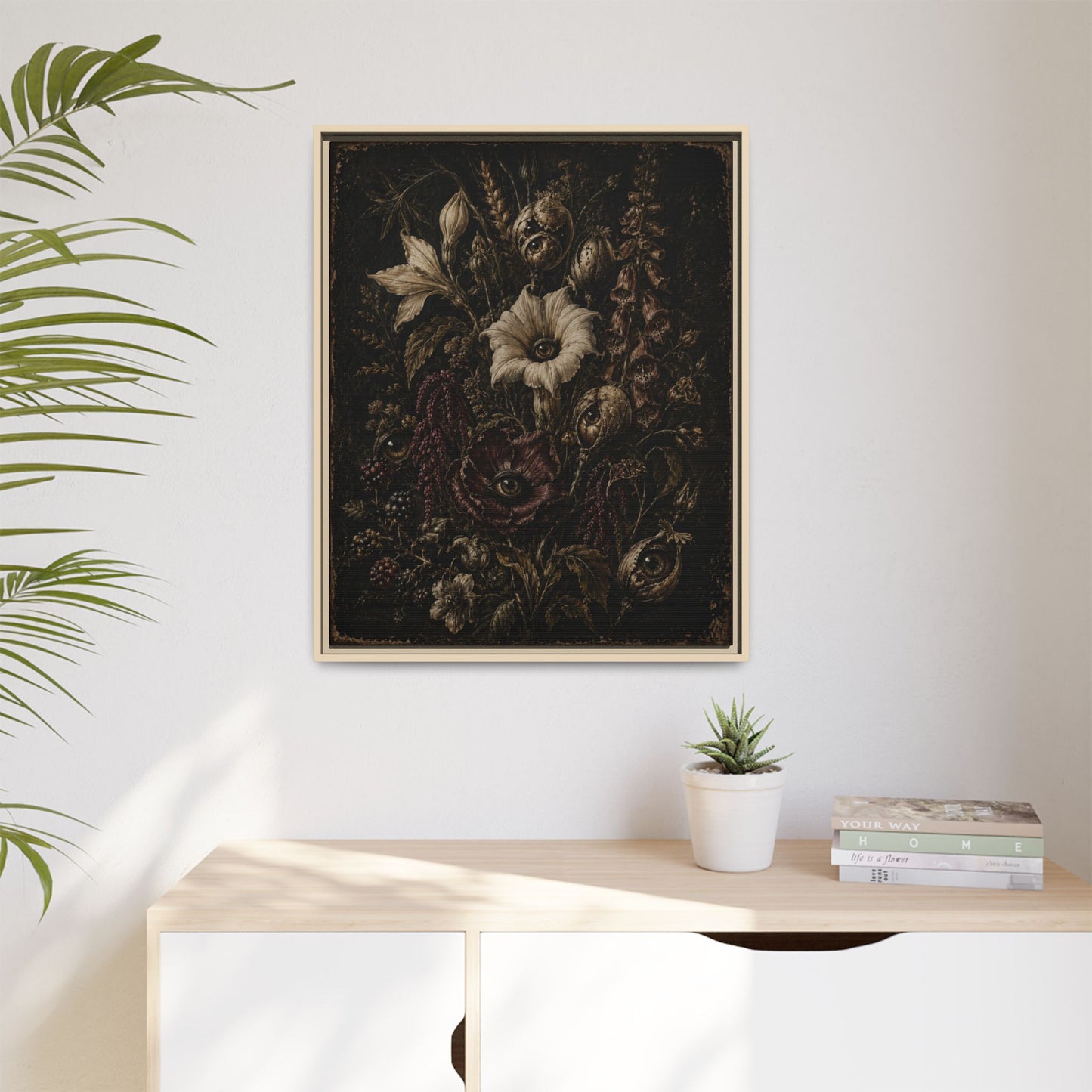 Framed Matte Canvas Print — Vintage Dark Floral Art