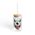 Cute Monster Sipper Glass | Funny One-Eyed Monster Glass Cup | Gothic Iced Coffee Cup | 16oz Glass Can with Bamboo Lid & Straw | Kawaii Gift