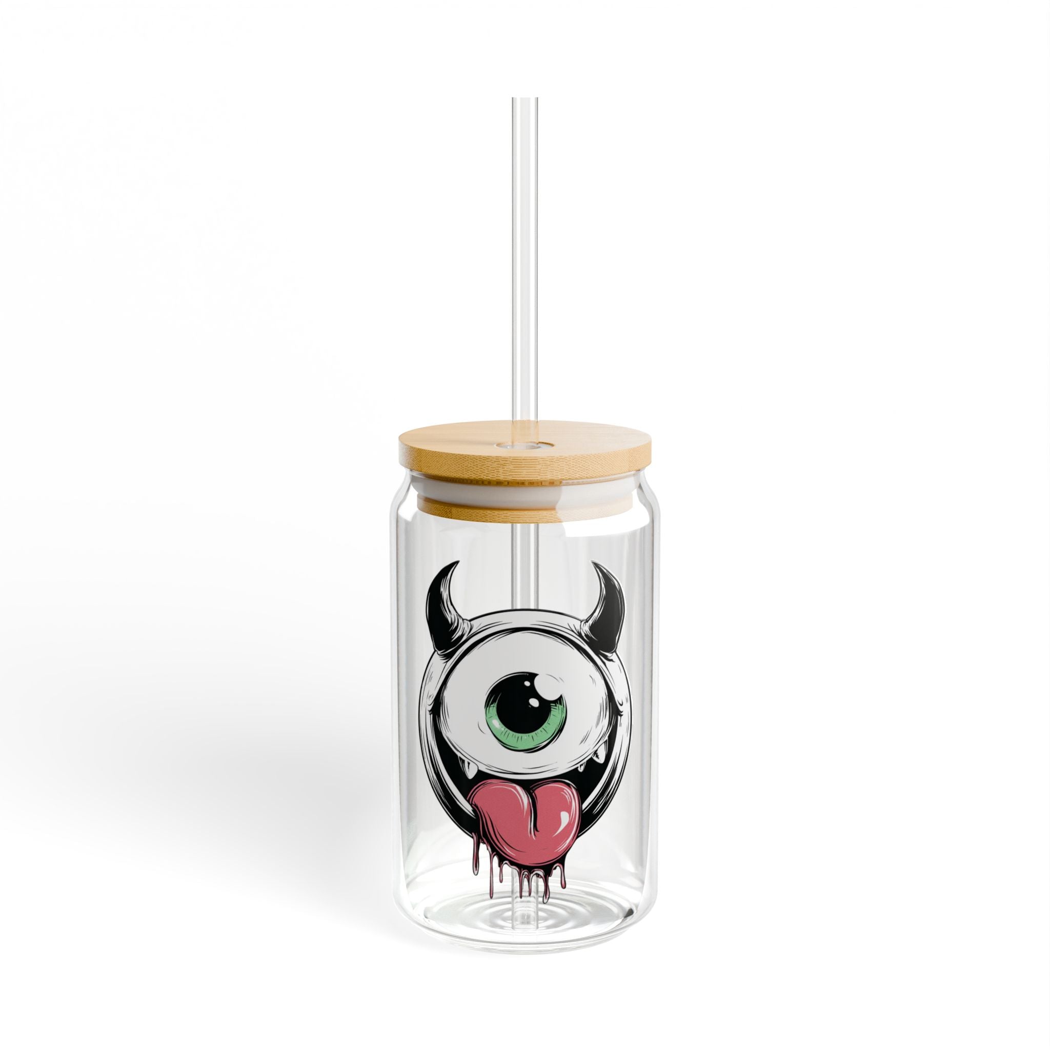 Cute Monster Sipper Glass | Funny One-Eyed Monster Glass Cup | Gothic Iced Coffee Cup | 16oz Glass Can with Bamboo Lid & Straw | Kawaii Gift