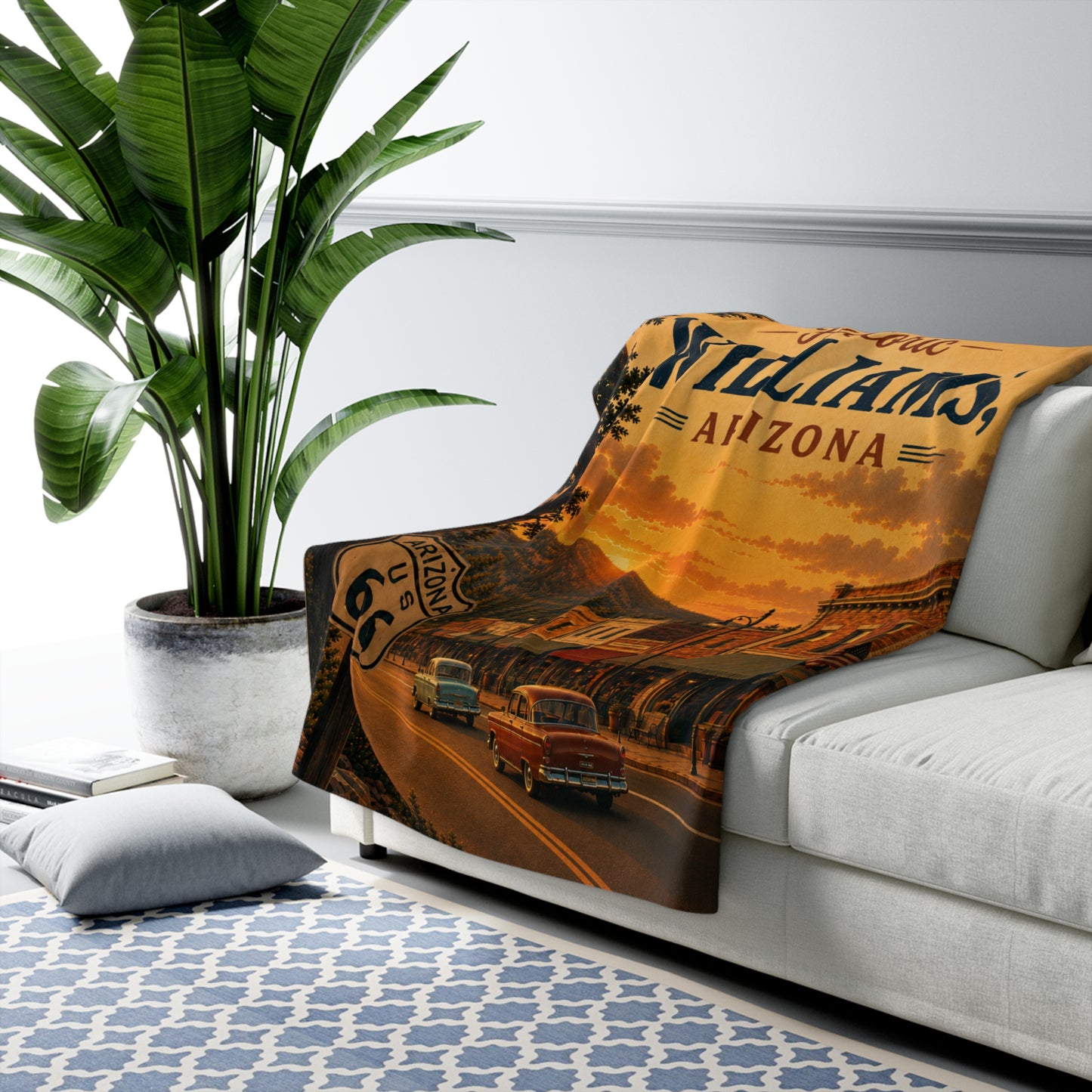 Sherpa Fleece Blanket — Historic Williams, Arizona Route 66 Sunset Throw