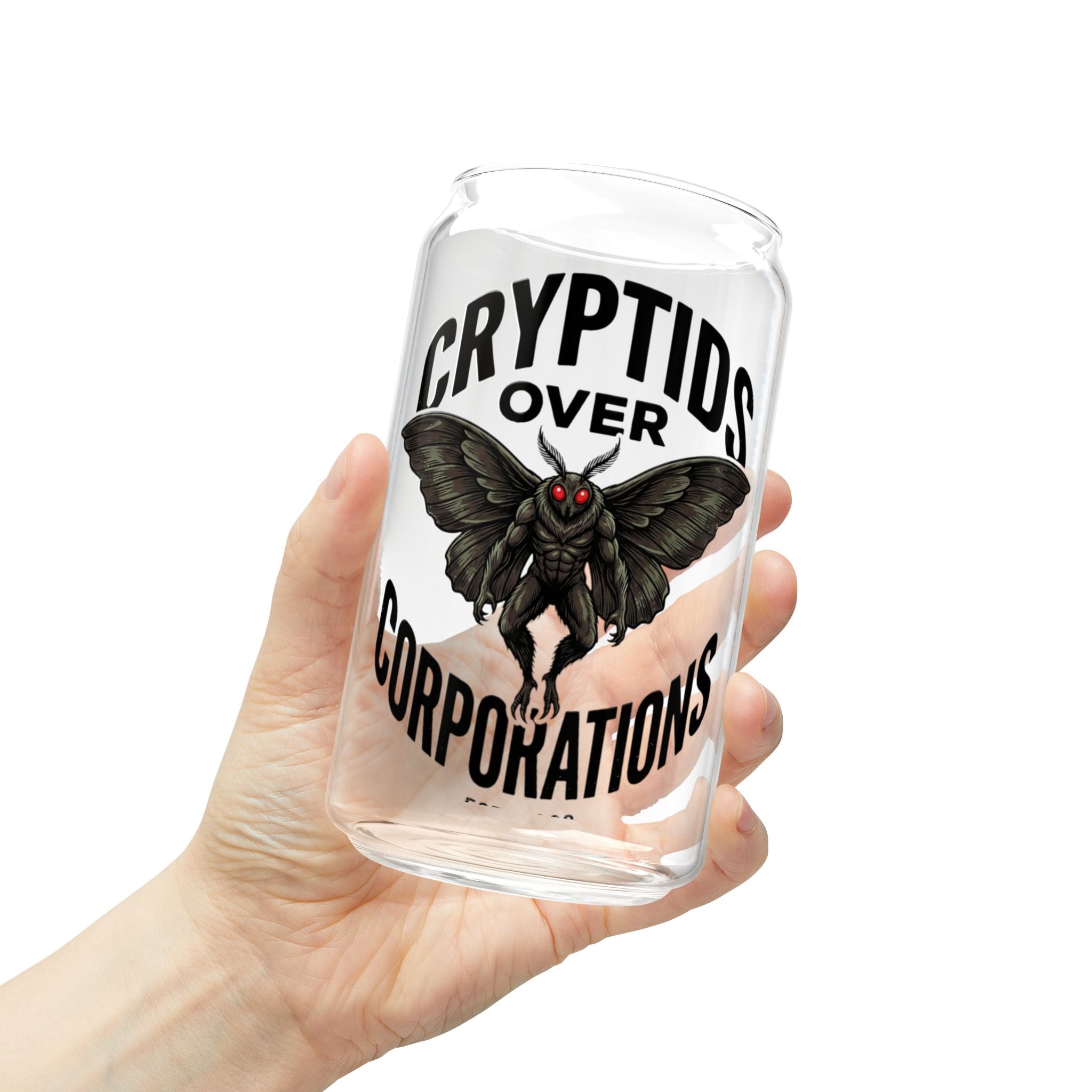 Cryptids Over Corporations Glass Can | Mothman Sipper Glass with Bamboo Lid & Straw | Funny Cryptid Iced Coffee Cup | Gothic Drinkware