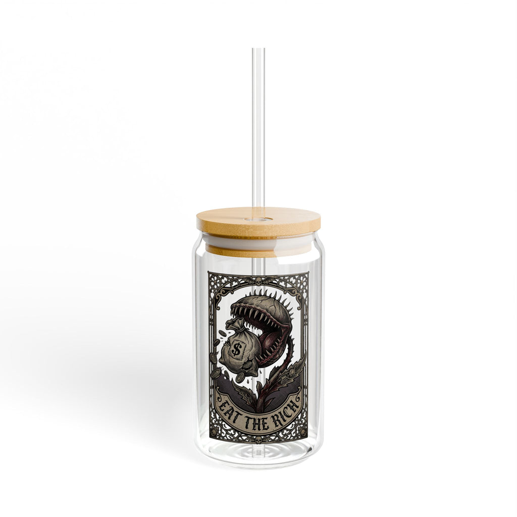 Eat the Rich Glass Can | Gothic Venus Flytrap Iced Coffee Cup with Bamboo Lid and Straw | Carnivorous Plant Glass