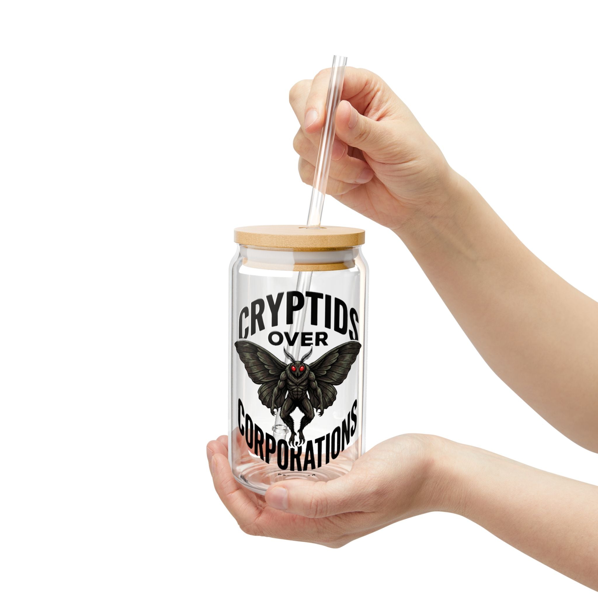 Cryptids Over Corporations Glass Can | Mothman Sipper Glass with Bamboo Lid & Straw | Funny Cryptid Iced Coffee Cup | Gothic Drinkware