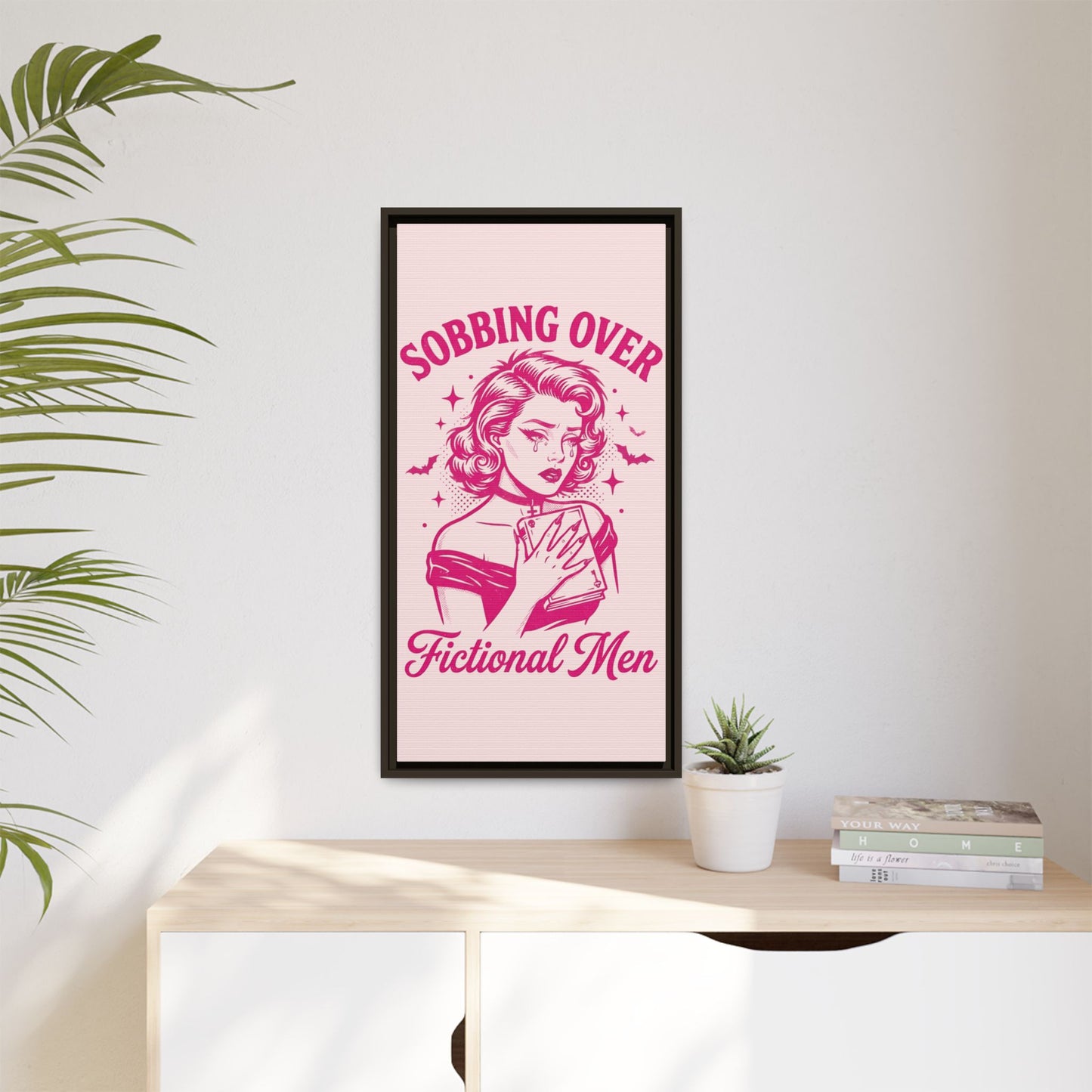 Framed Canvas Print — “Sobbing Over Fictional Men” Retro Pop Art