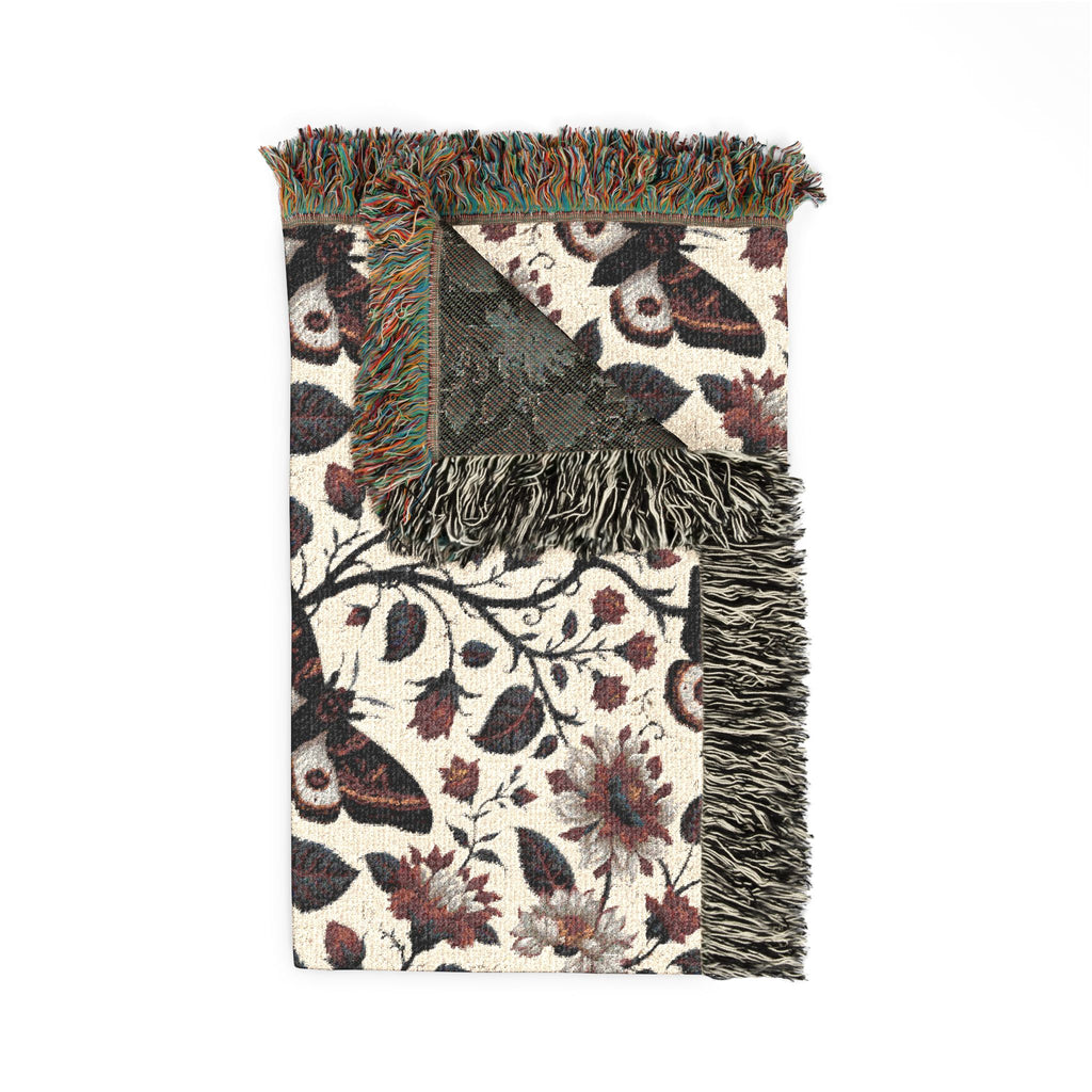 Gothic Floral Woven Blanket | Dark Botanical Moth Throw | Victorian Cottagecore Home Decor
