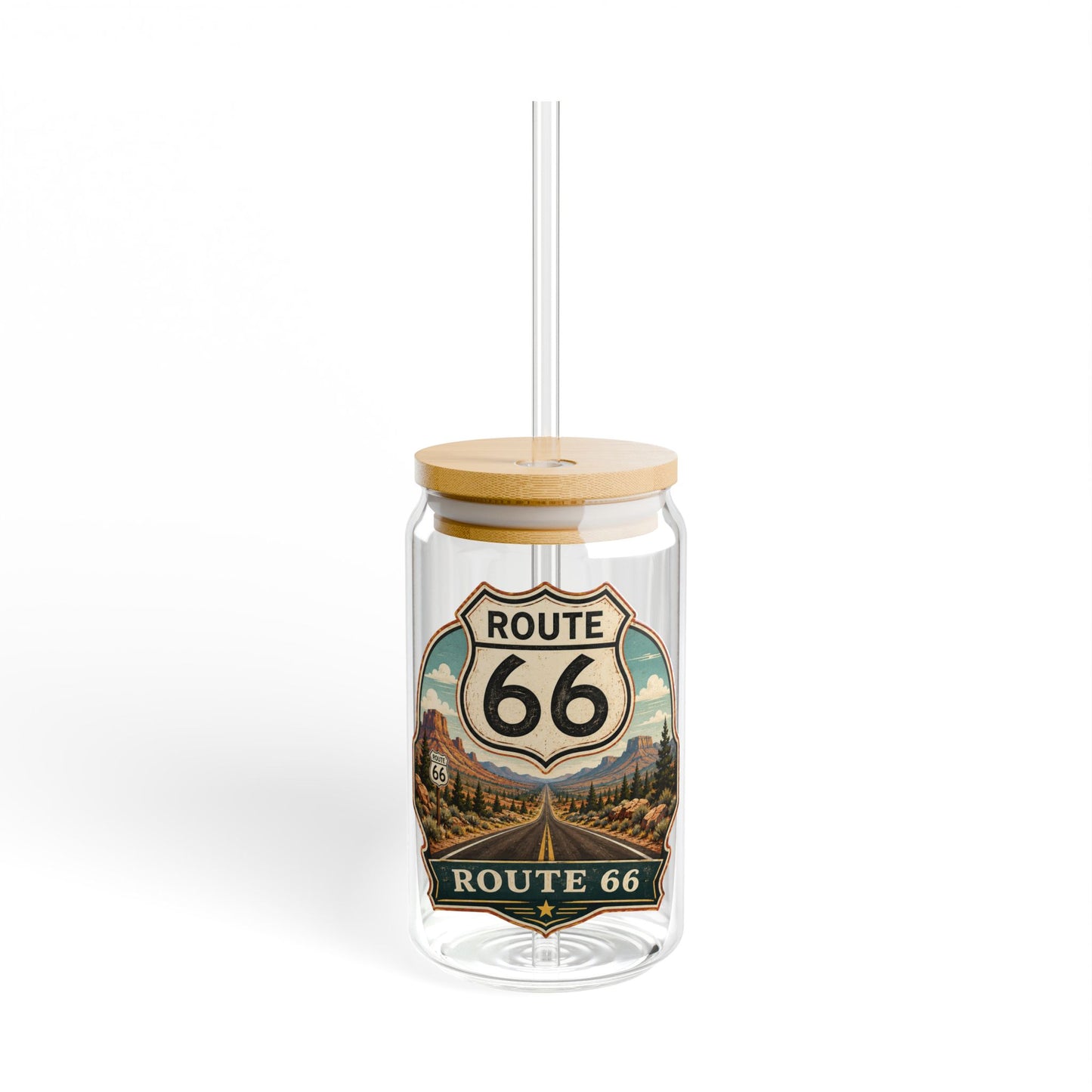 Route 66 Sipper Glass — 16 oz Travel Tumbler with Lid & Straw