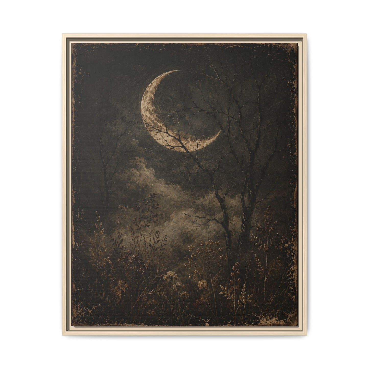 Framed Crescent Moon Canvas Print — Moody Night Landscape Wall Art
