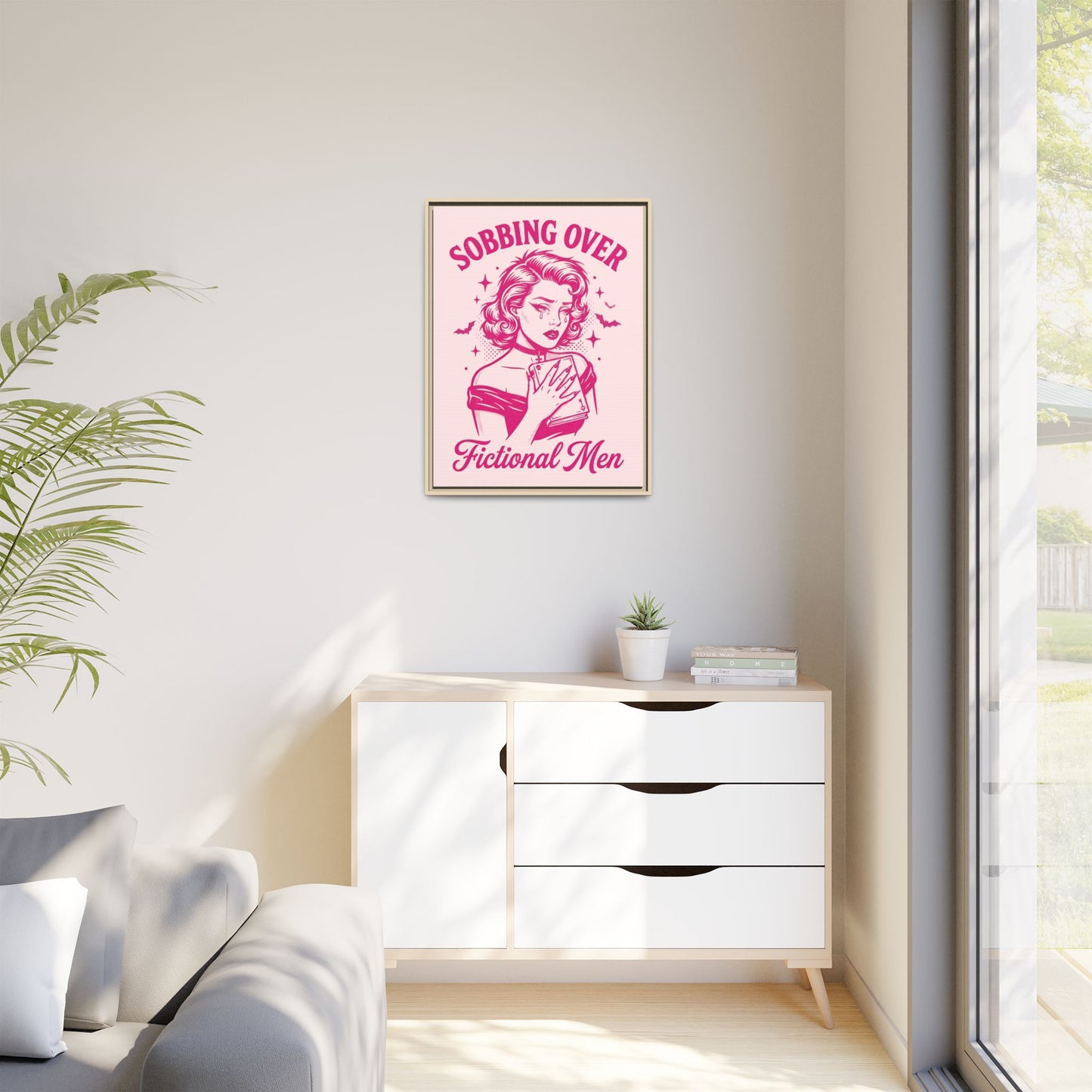 Framed Canvas Print — “Sobbing Over Fictional Men” Retro Pop Art