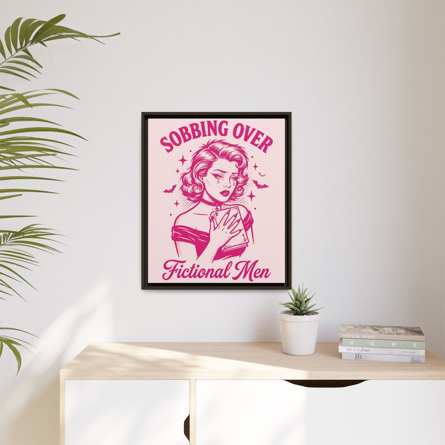 Framed Canvas Print — “Sobbing Over Fictional Men” Retro Pop Art