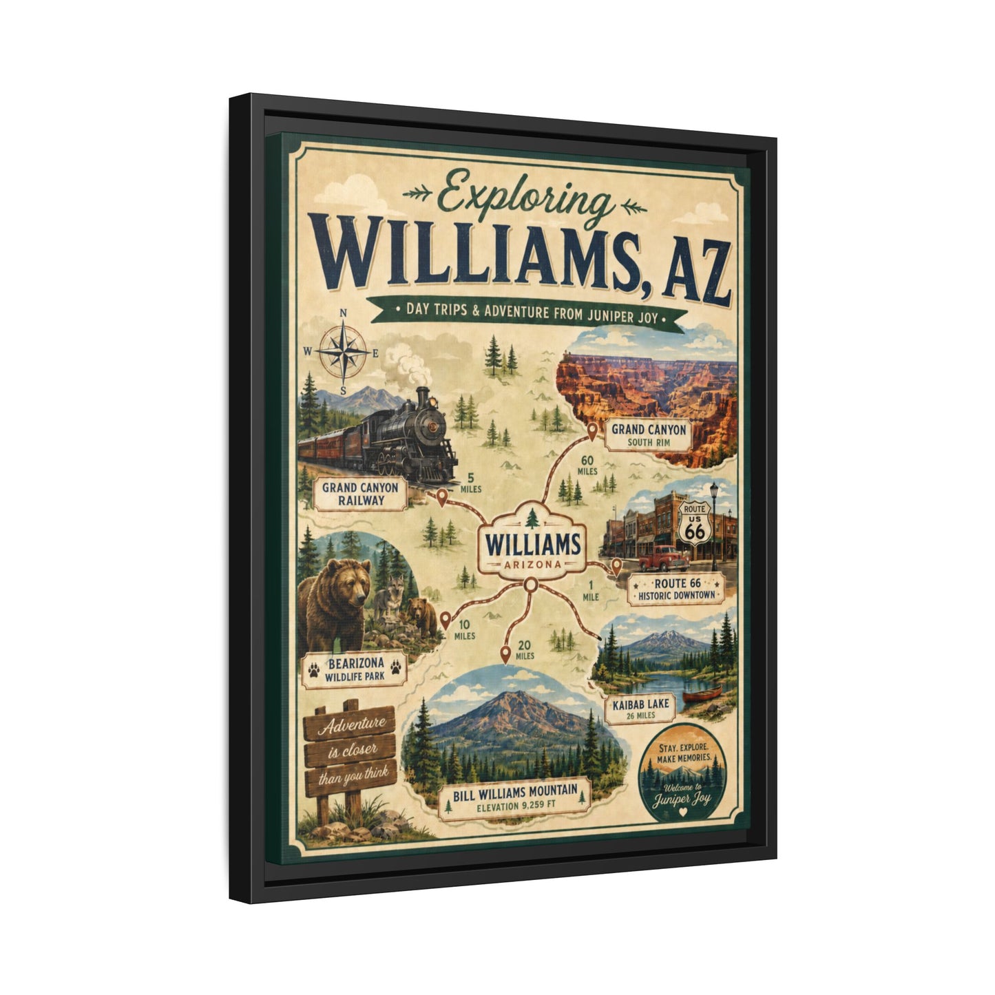 Williams, AZ Travel Map Framed Canvas — Vintage Exploring Poster