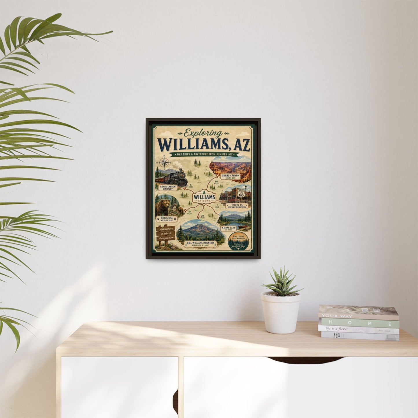 Williams, AZ Travel Map Framed Canvas — Vintage Exploring Poster