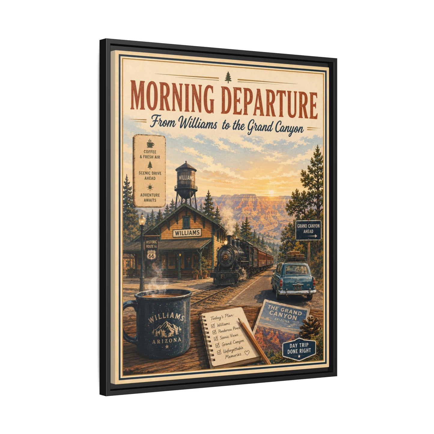 Morning Departure Framed Canvas Print — Vintage Grand Canyon Travel Poster