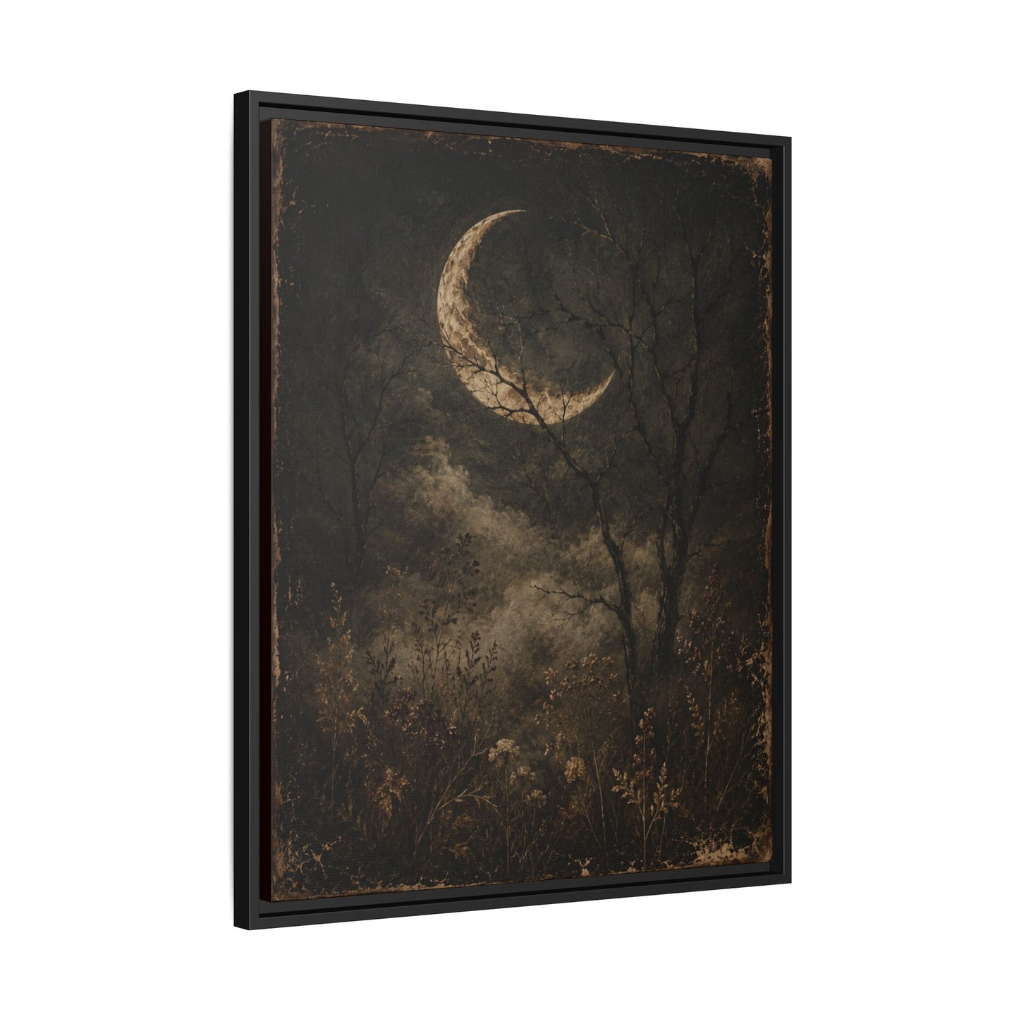Framed Crescent Moon Canvas Print — Moody Night Landscape Wall Art