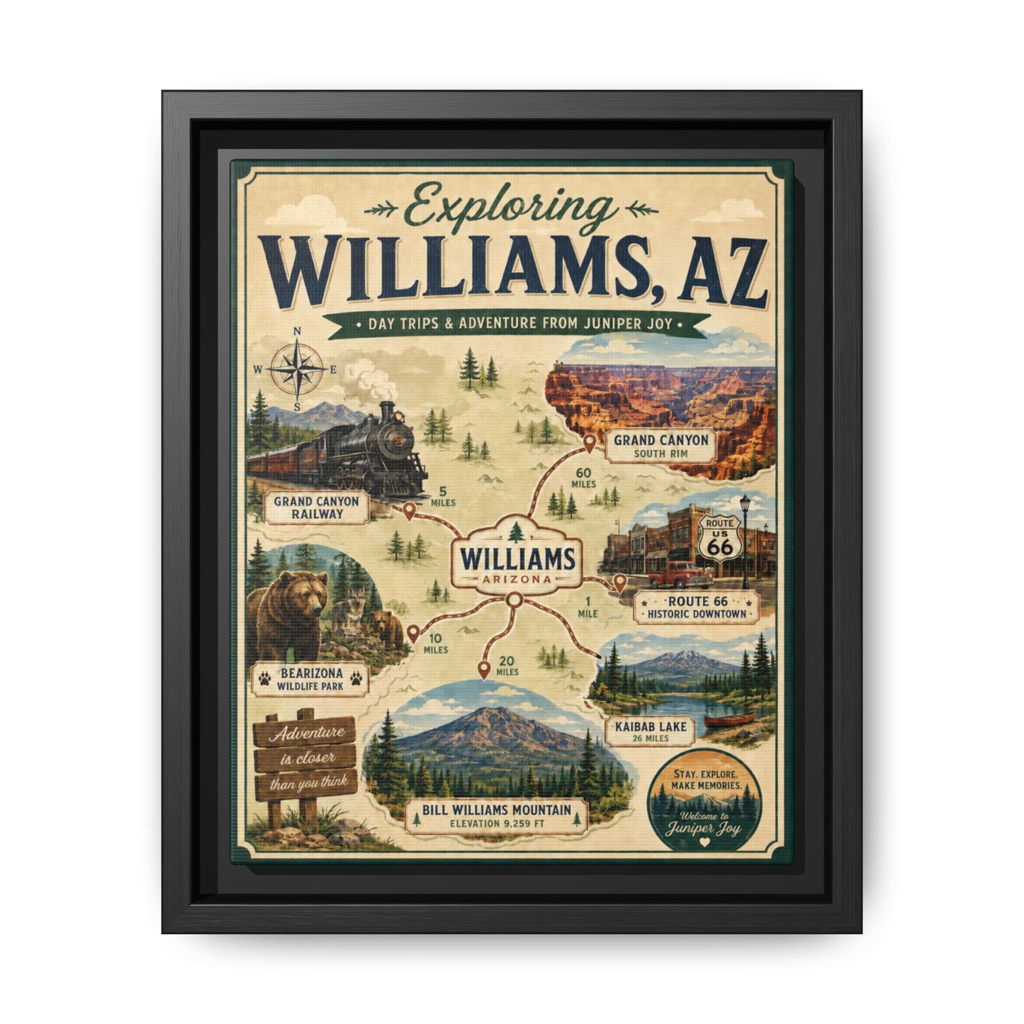 Williams, AZ Travel Map Framed Canvas — Vintage Exploring Poster