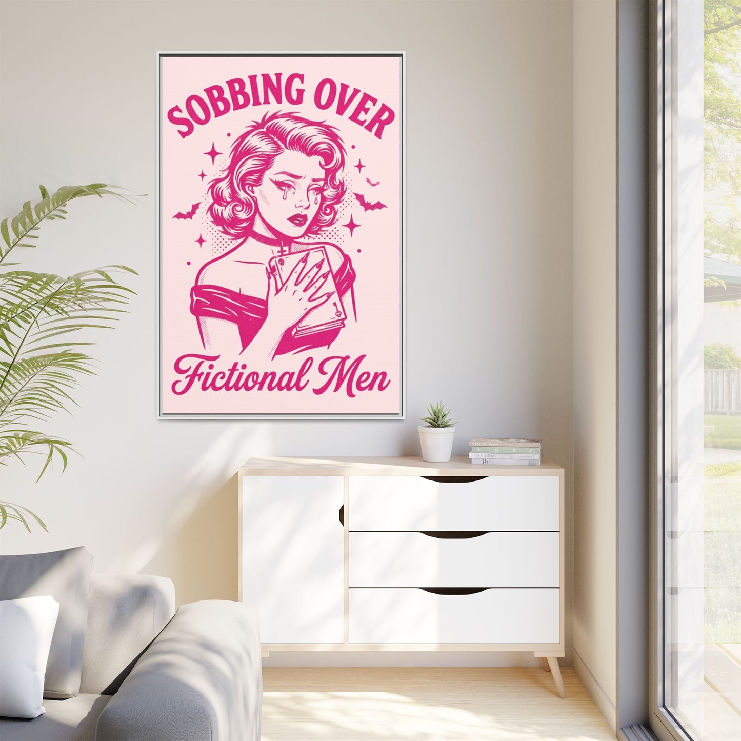 Framed Canvas Print — “Sobbing Over Fictional Men” Retro Pop Art