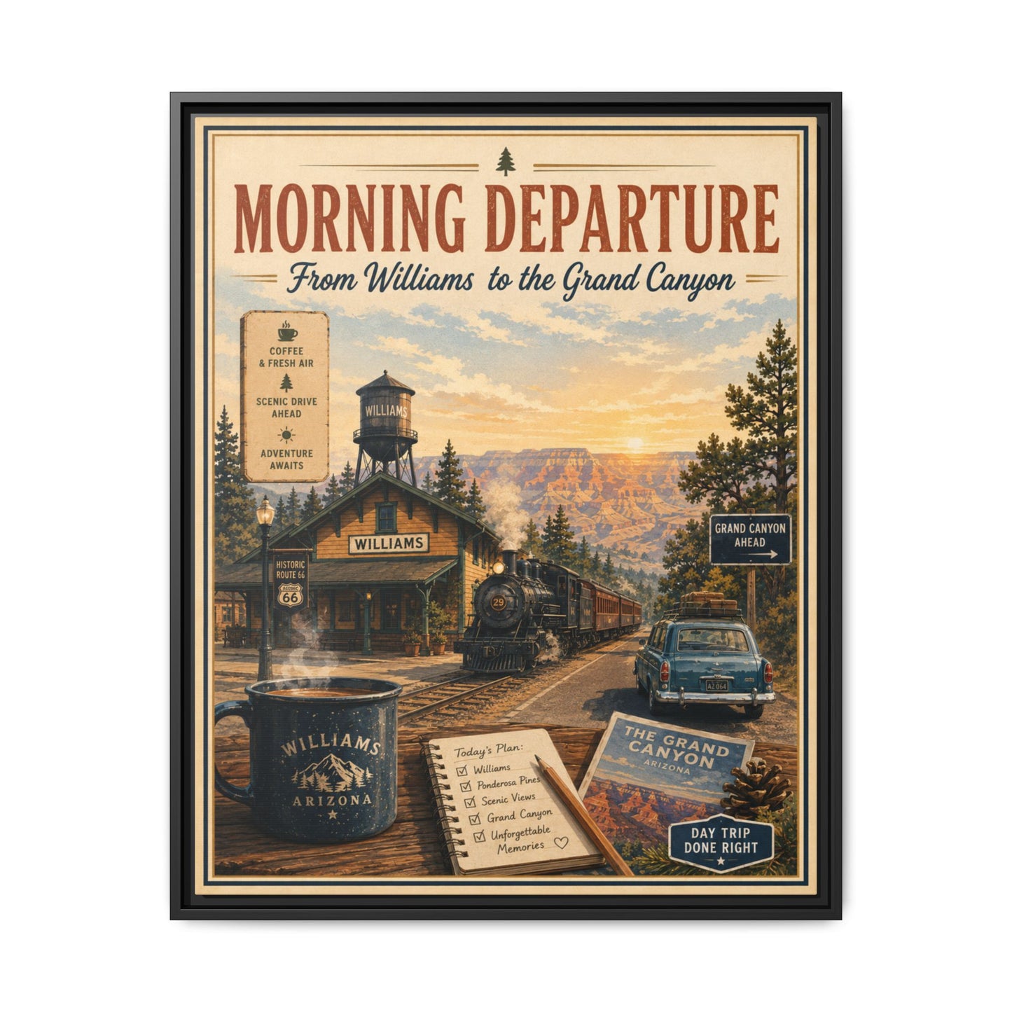 Morning Departure Framed Canvas Print — Vintage Grand Canyon Travel Poster