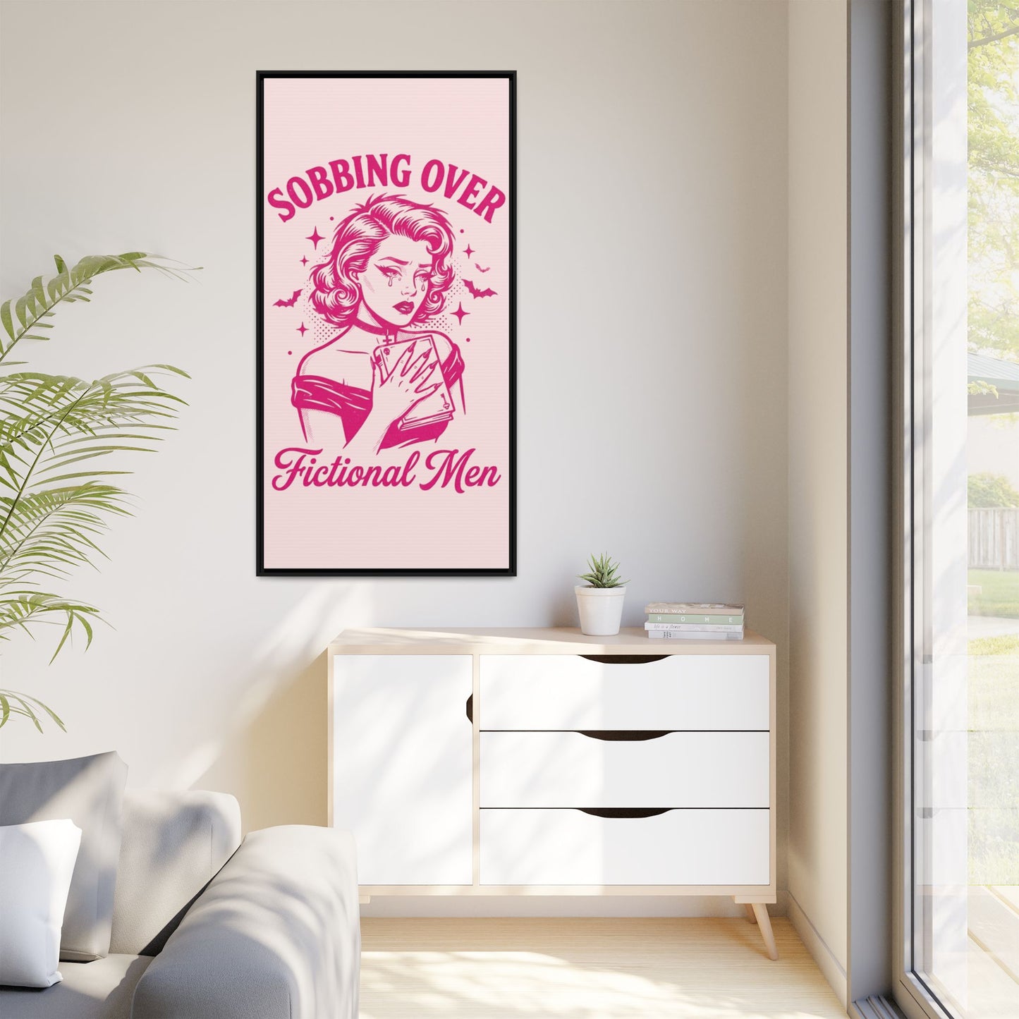 Framed Canvas Print — “Sobbing Over Fictional Men” Retro Pop Art