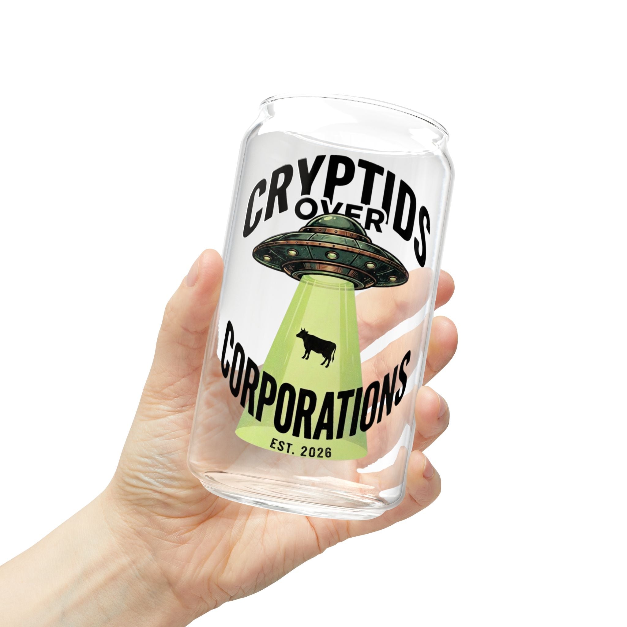 Cryptids Over Corporations Alien Glass Can | UFO Iced Coffee Cup with Bamboo Lid and Straw | Funny Alien Gift | Sci-Fi Drinkware