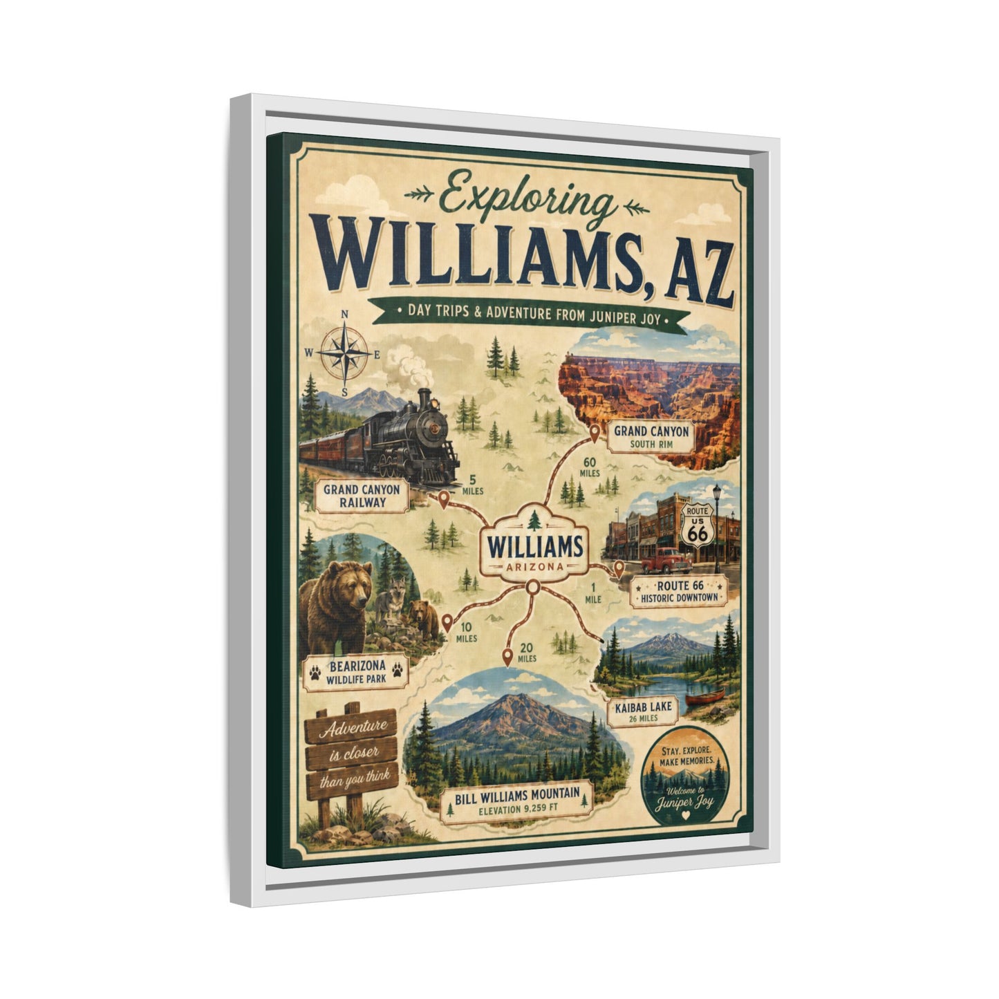 Williams, AZ Travel Map Framed Canvas — Vintage Exploring Poster