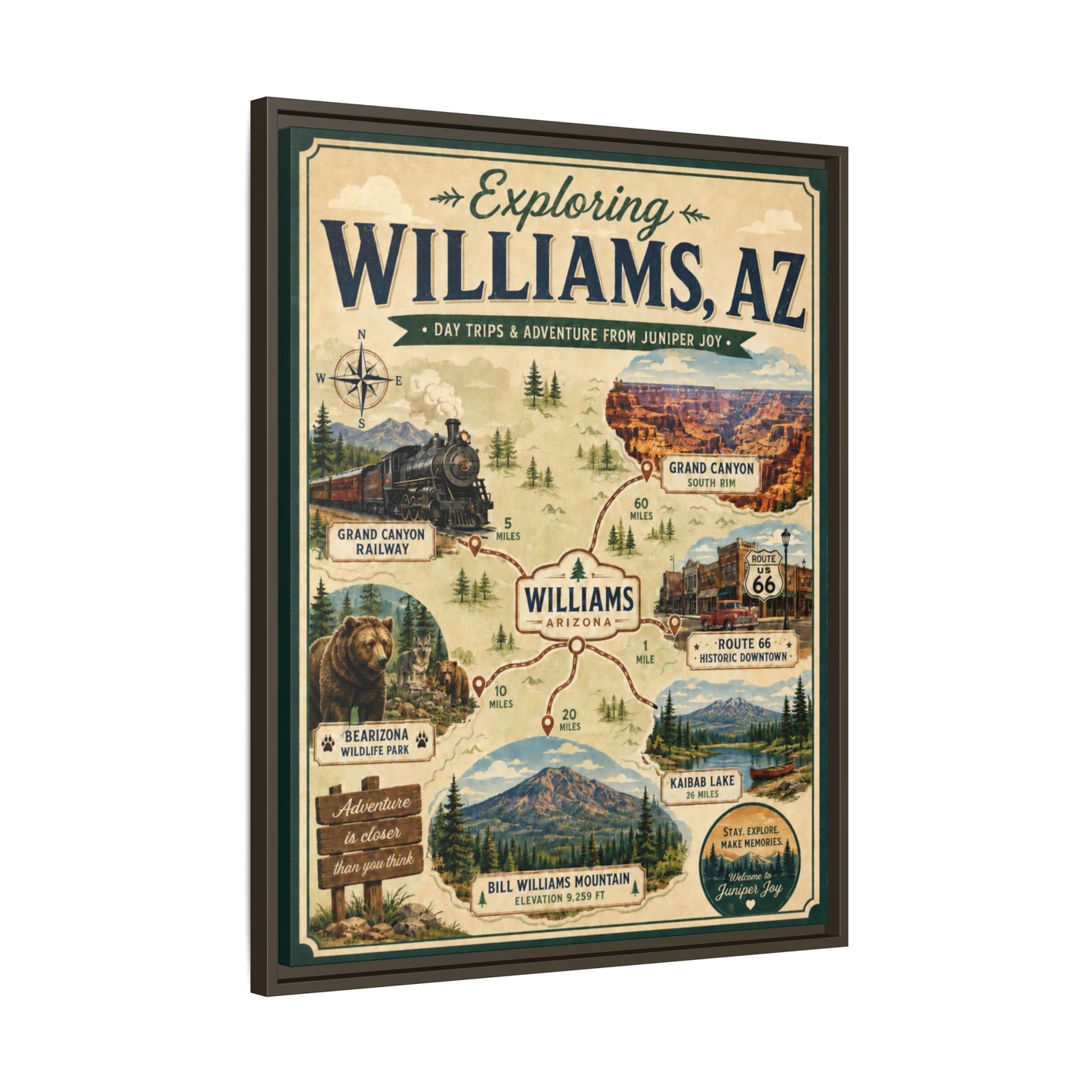 Williams, AZ Travel Map Framed Canvas — Vintage Exploring Poster