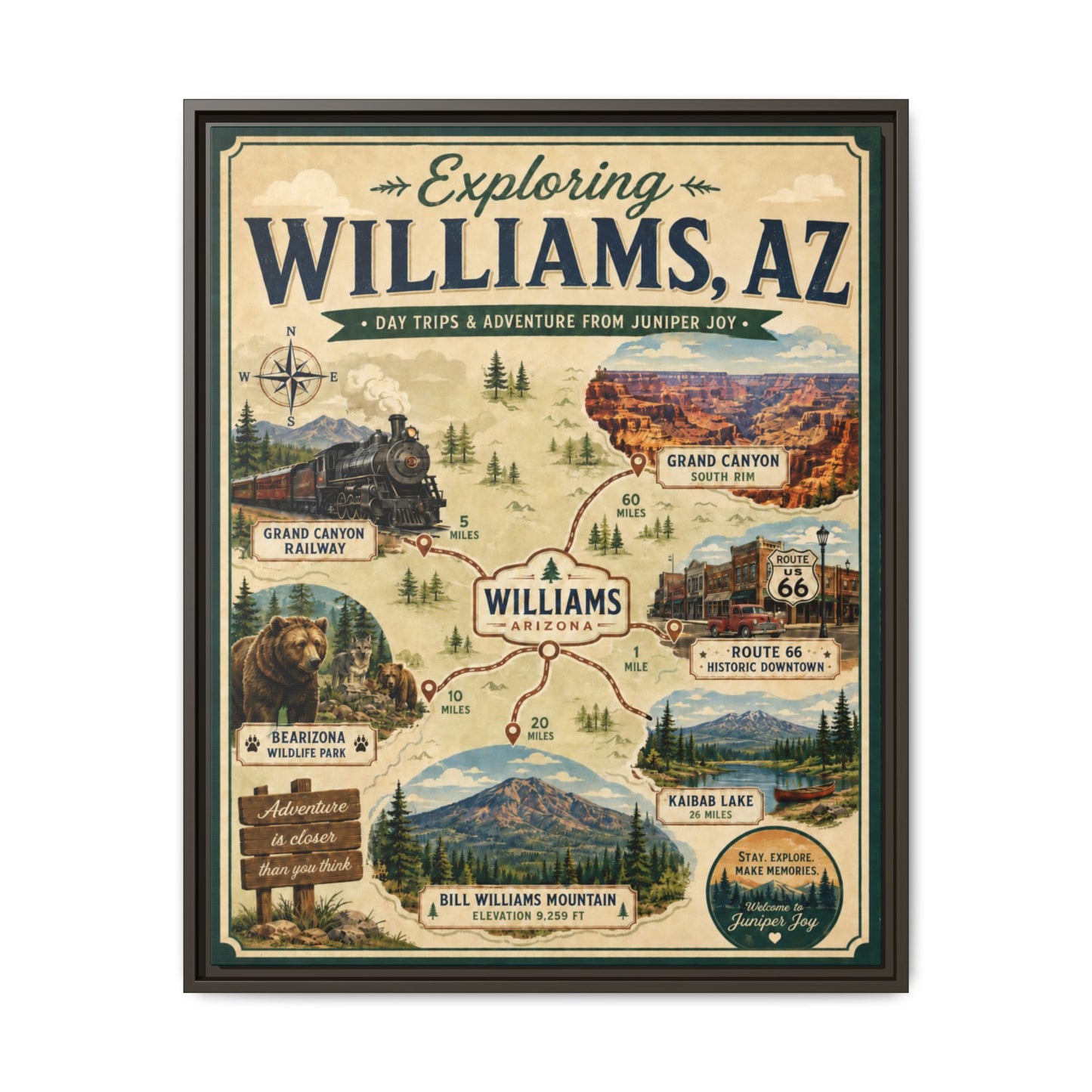 Williams, AZ Travel Map Framed Canvas — Vintage Exploring Poster