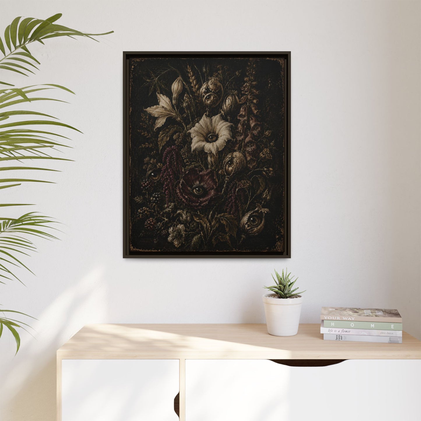 Framed Matte Canvas Print — Vintage Dark Floral Art