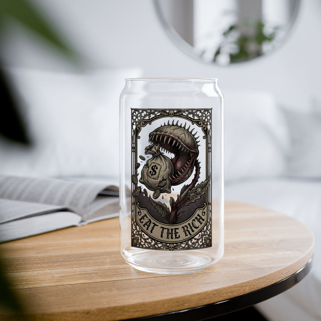 Eat the Rich Glass Can | Gothic Venus Flytrap Iced Coffee Cup with Bamboo Lid and Straw | Carnivorous Plant Glass