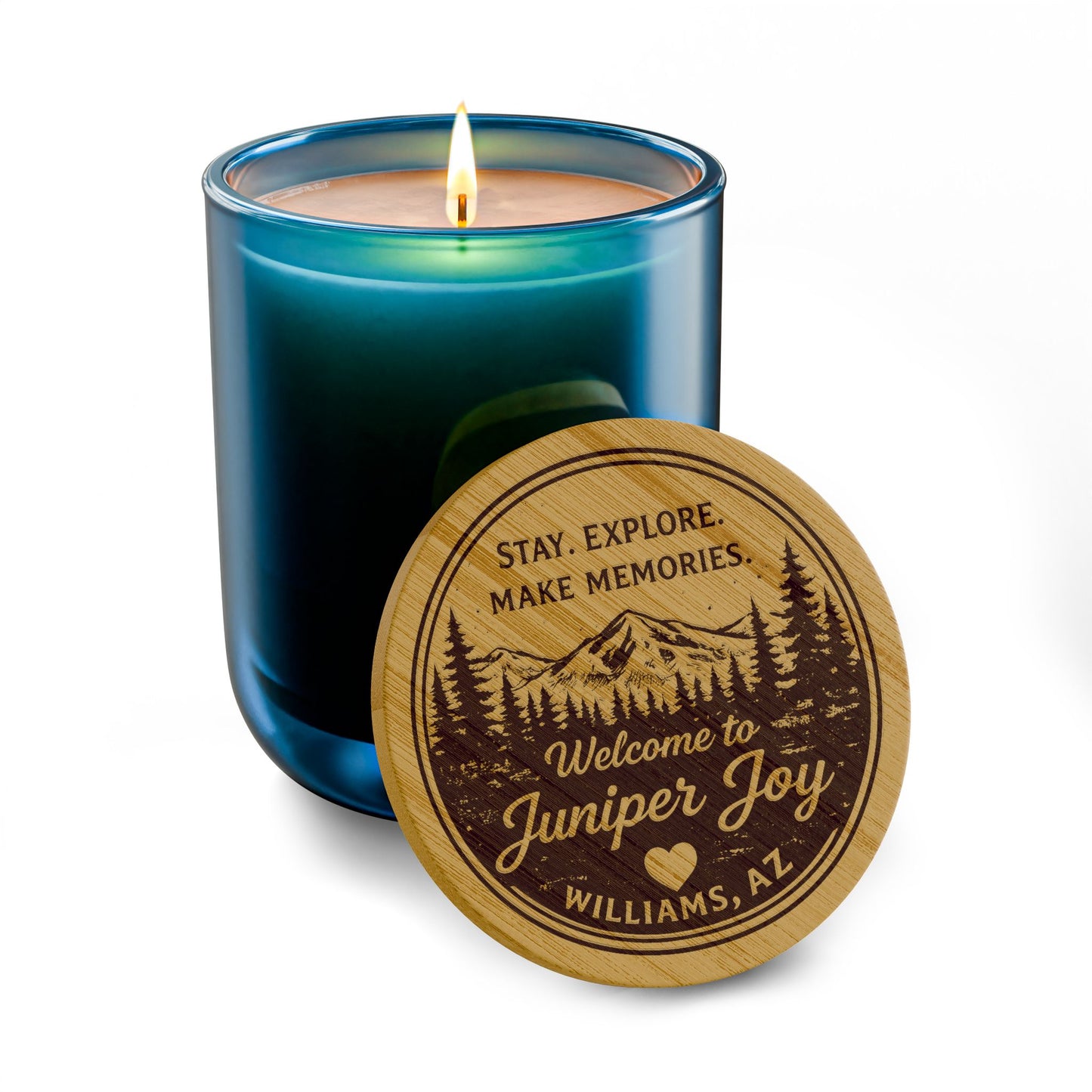 Engraved 14oz Soy Candle — "Stay, Explore, Make Memories" Welcome Candle (Custom Location)