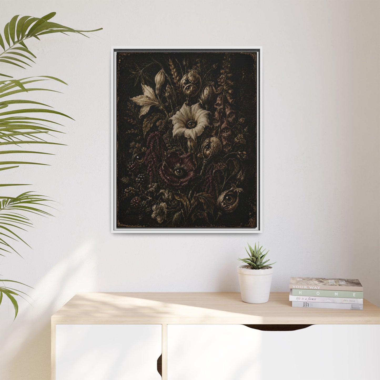 Framed Matte Canvas Print — Vintage Dark Floral Art