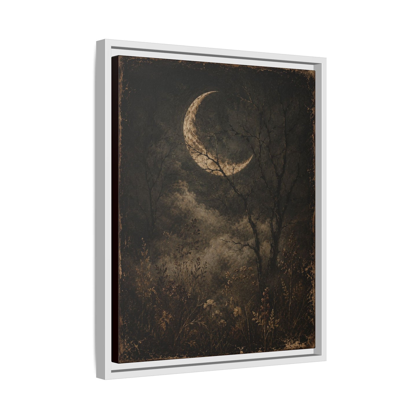 Framed Crescent Moon Canvas Print — Moody Night Landscape Wall Art