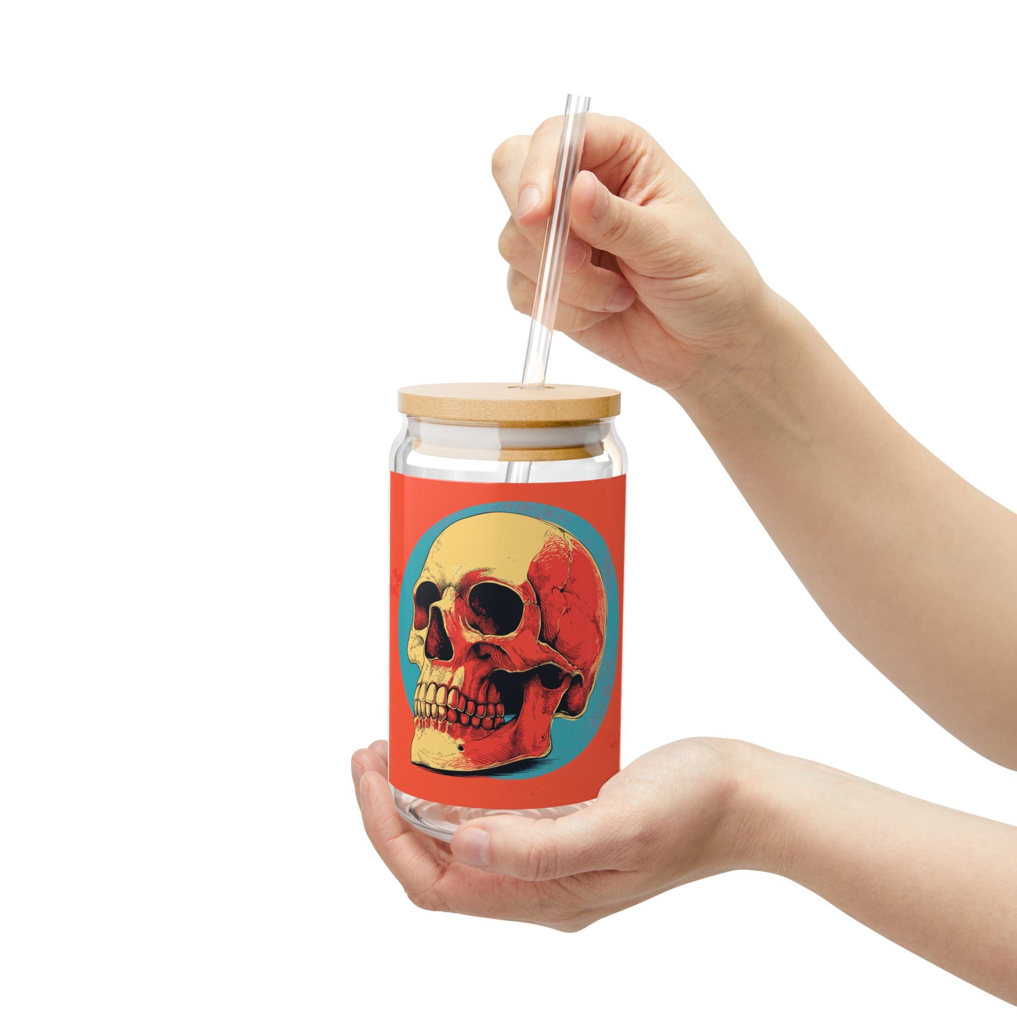 Retro Skull Sipper Glass | Vintage Gothic Skull Glass Can | 16oz Iced Coffee Cup with Bamboo Lid & Straw | Halloween Drinkware | Alt Gift