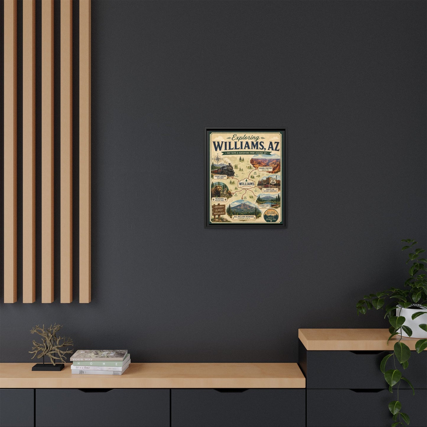 Williams, AZ Travel Map Framed Canvas — Vintage Exploring Poster