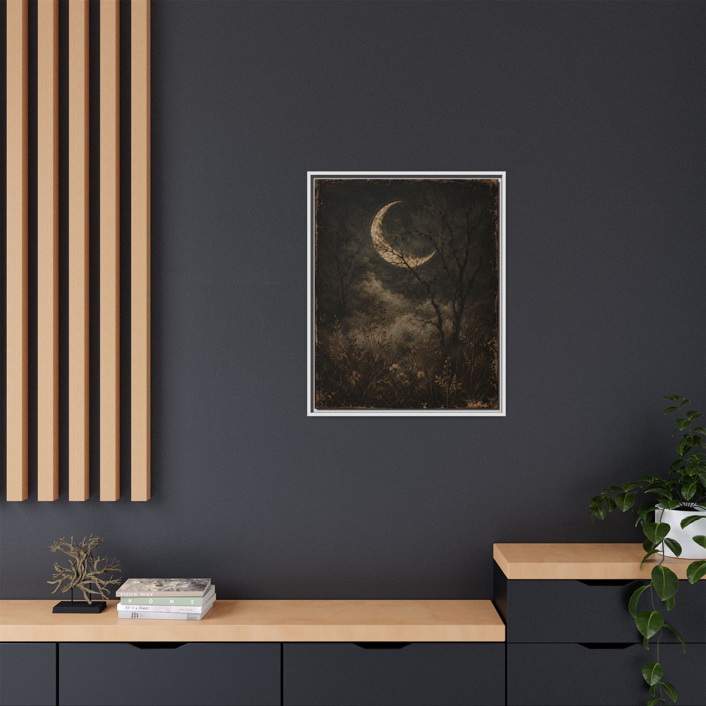 Framed Crescent Moon Canvas Print — Moody Night Landscape Wall Art