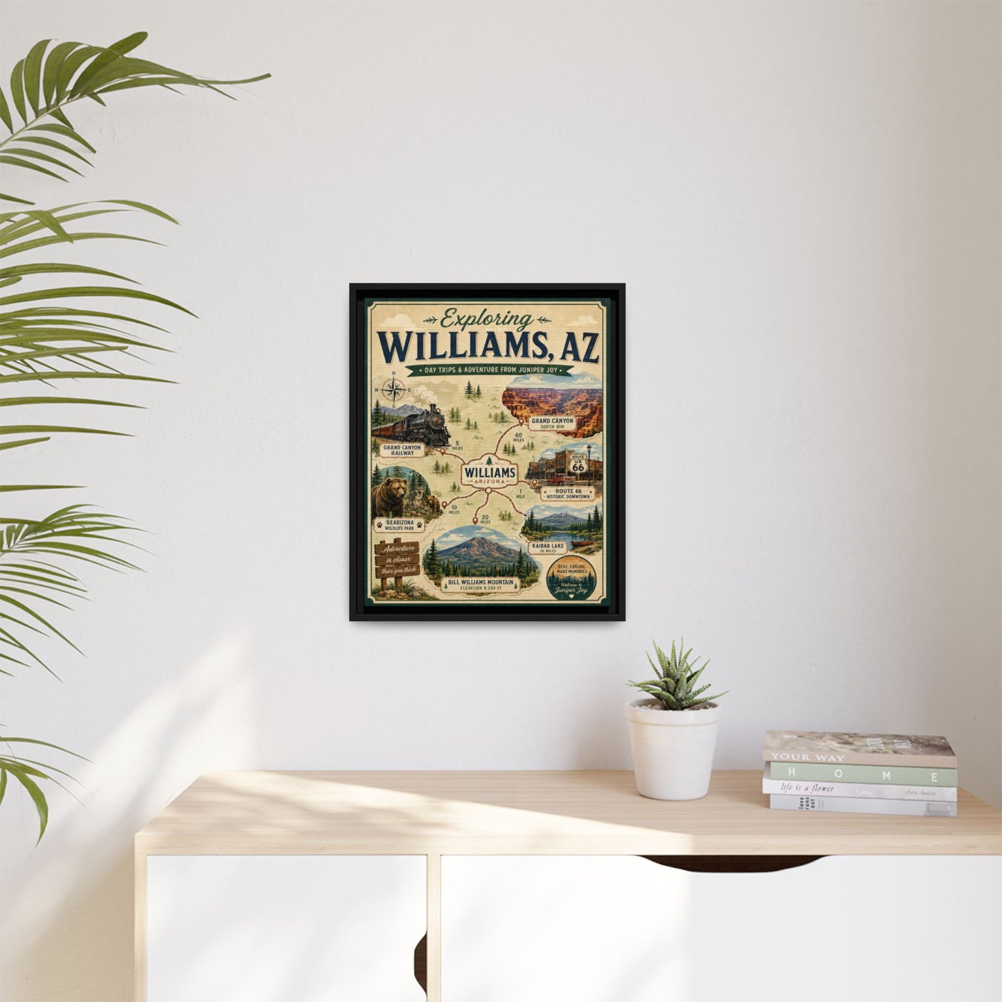 Williams, AZ Travel Map Framed Canvas — Vintage Exploring Poster